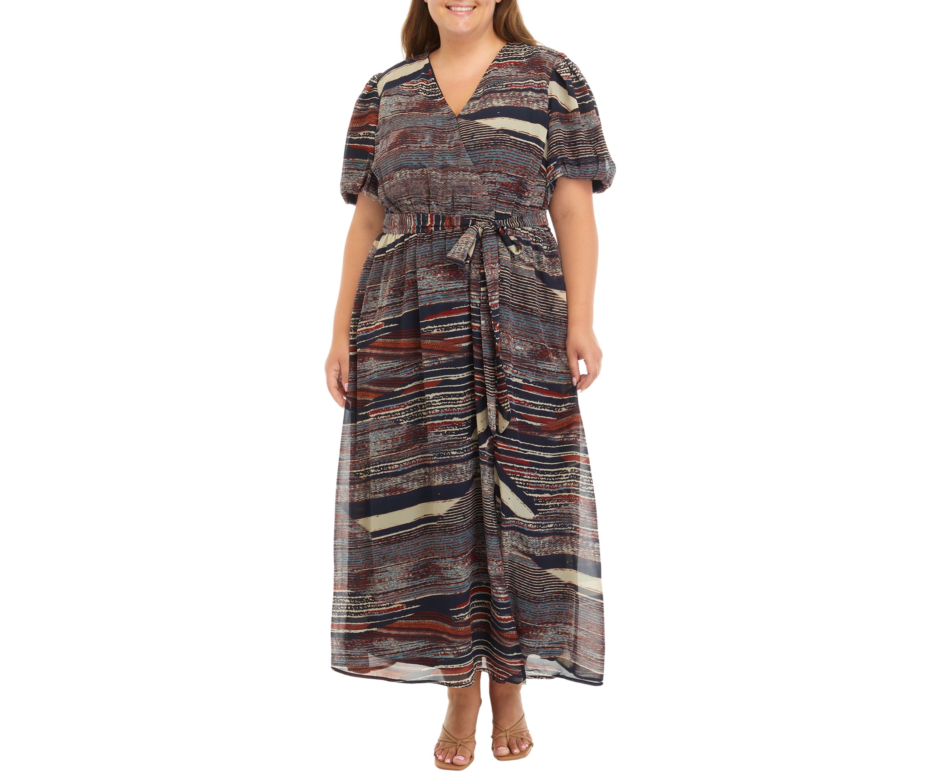   Plus Size Puff Sleeve Printed Tie Waist Fit and Flare Dress 