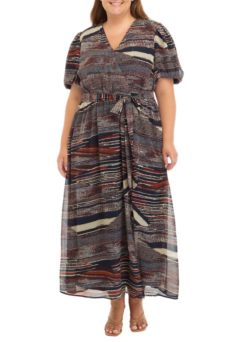   Plus Size Puff Sleeve Printed Tie Waist Fit and Flare Dress 