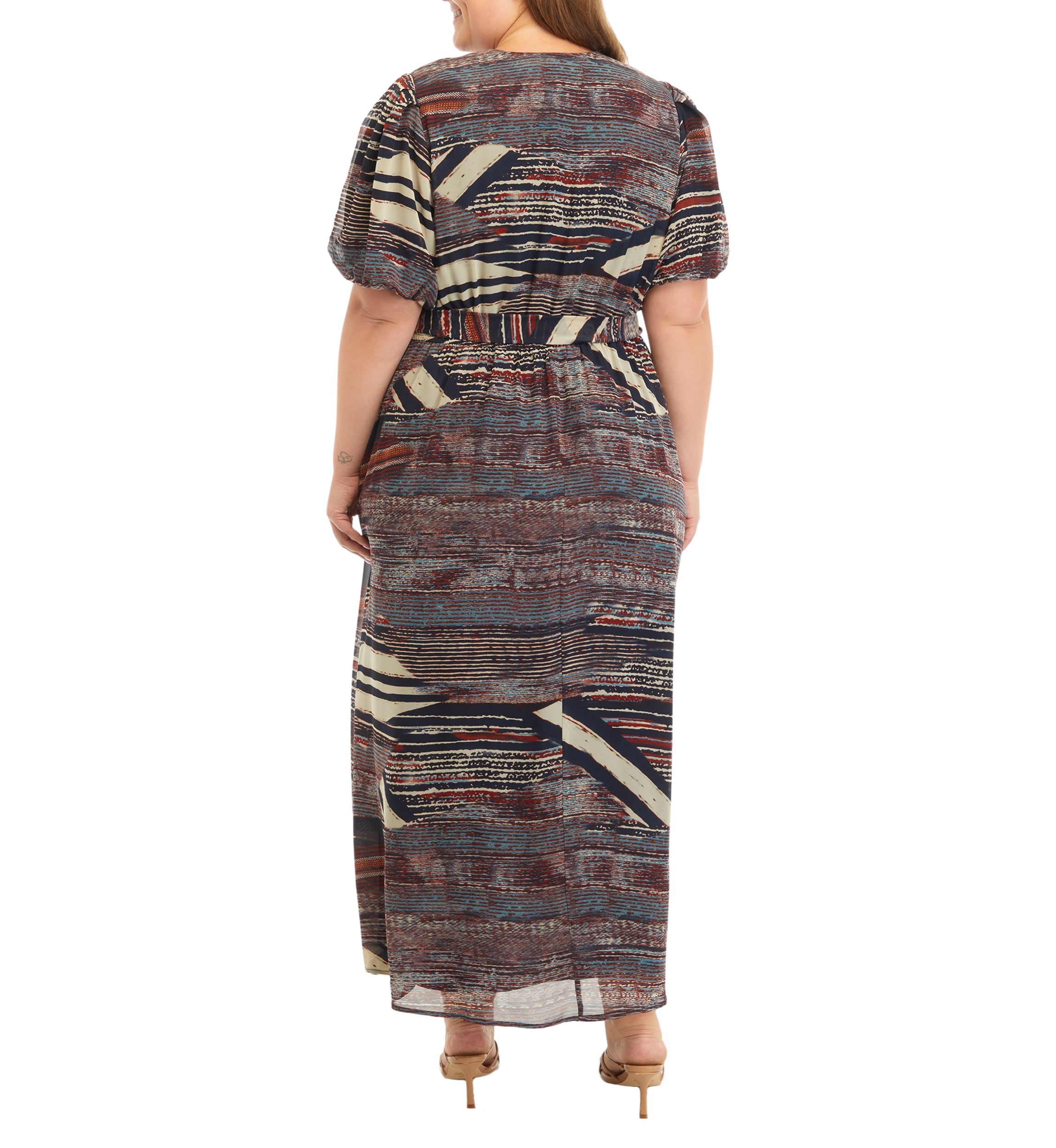   Plus Size Puff Sleeve Printed Tie Waist Fit and Flare Dress 