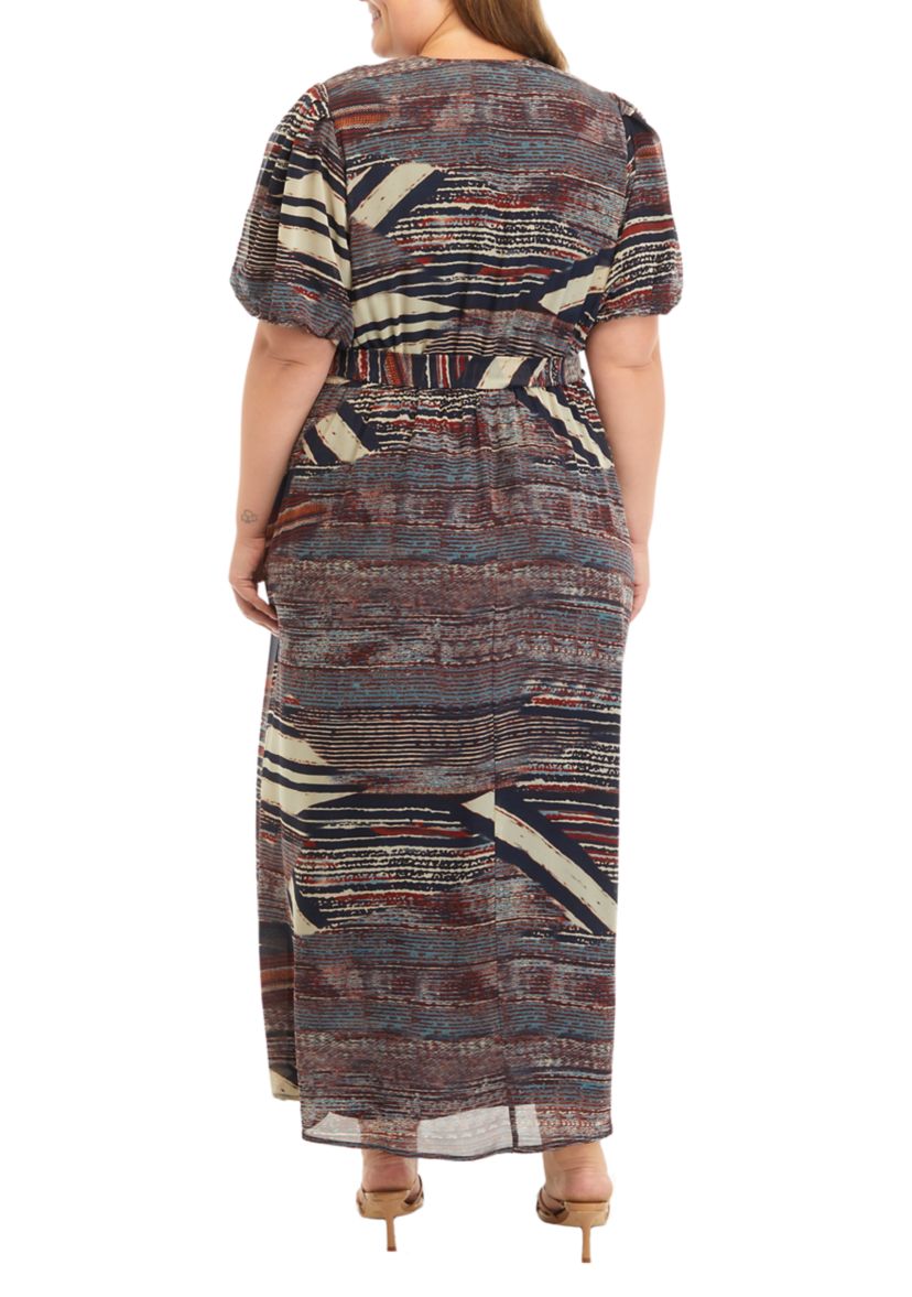  Plus Size Puff Sleeve Printed Tie Waist Fit and Flare Dress 