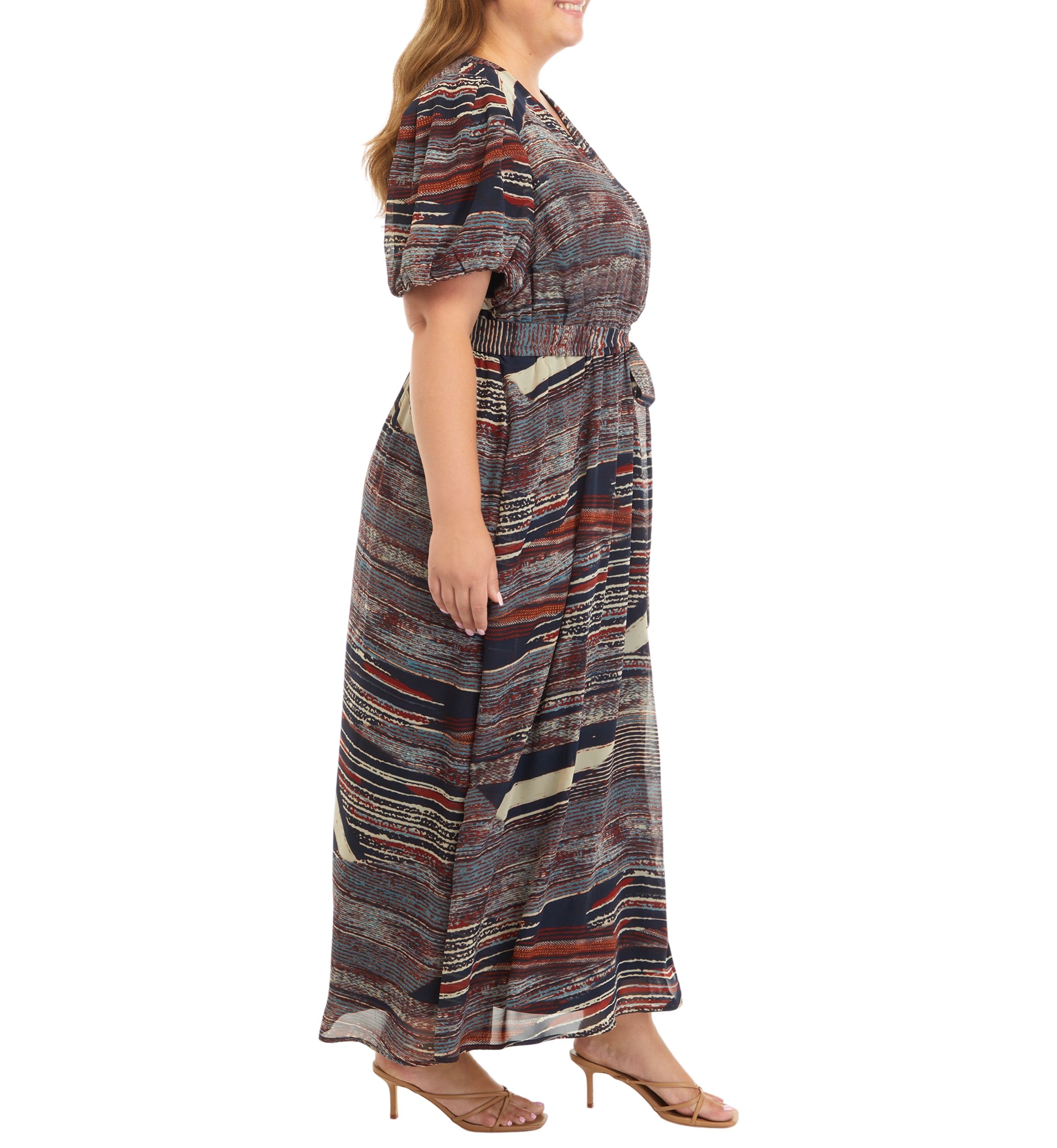   Plus Size Puff Sleeve Printed Tie Waist Fit and Flare Dress 