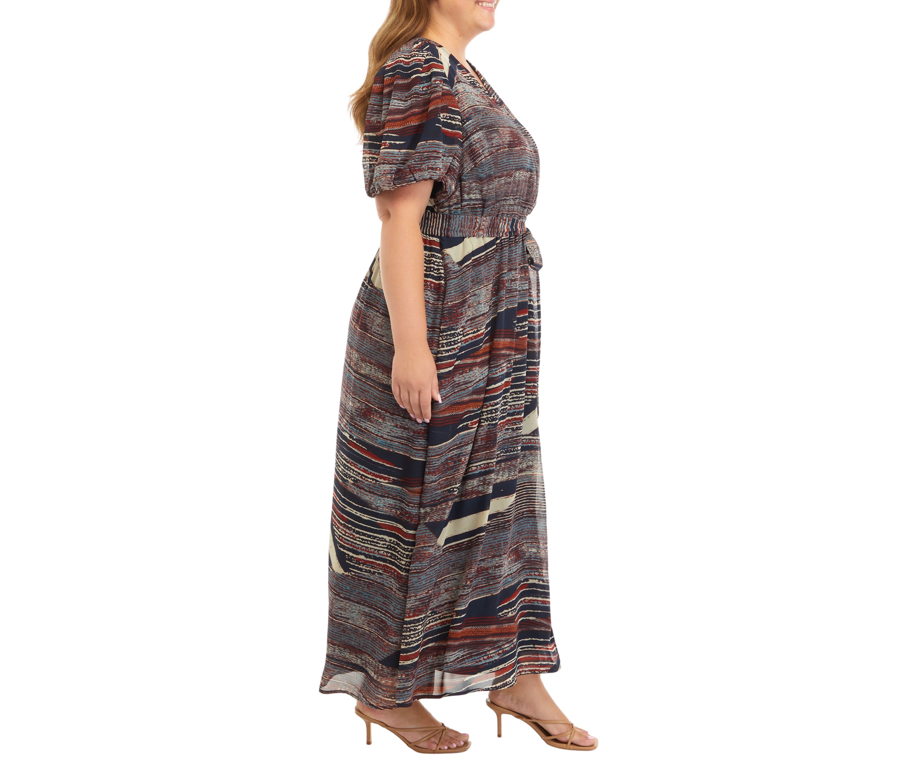   Plus Size Puff Sleeve Printed Tie Waist Fit and Flare Dress 