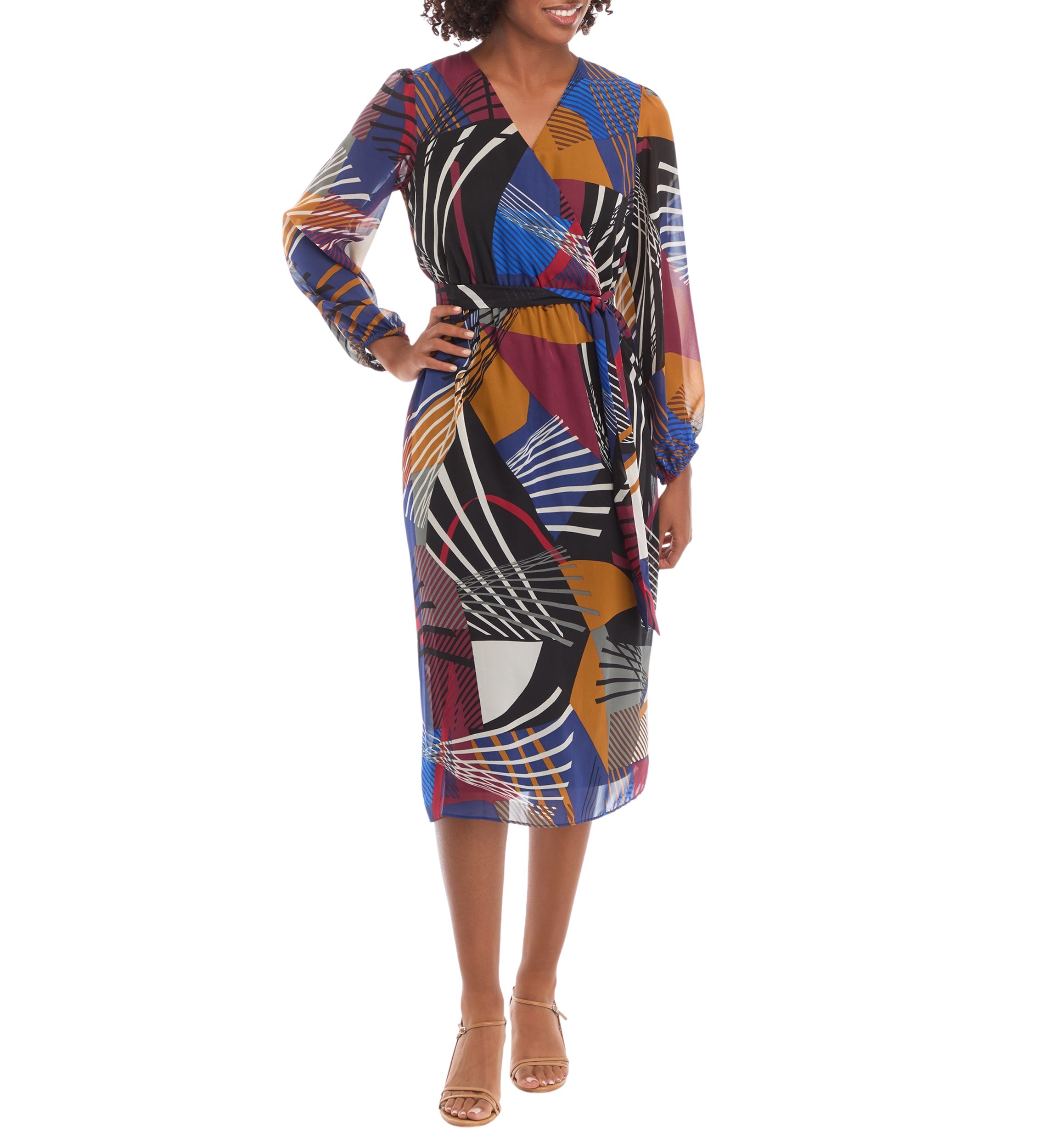 Womens Balloon Sleeve Geometric Surplice Wrap Chiffon Dress