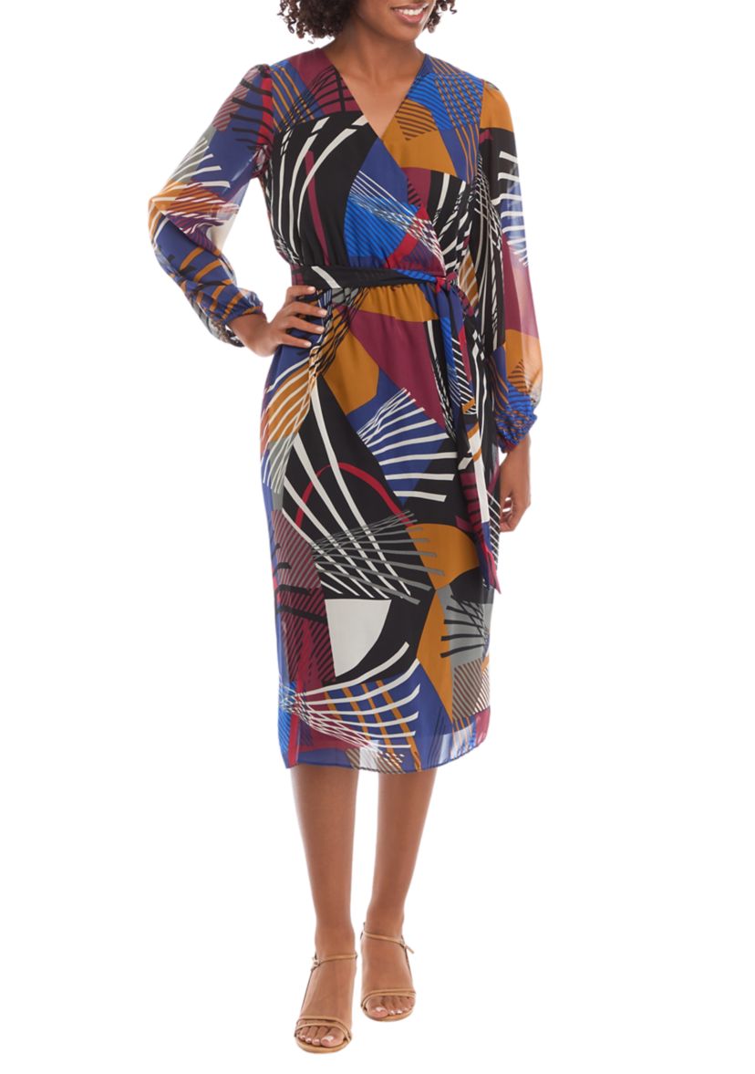Womens Balloon Sleeve Geometric Surplice Wrap Chiffon Dress