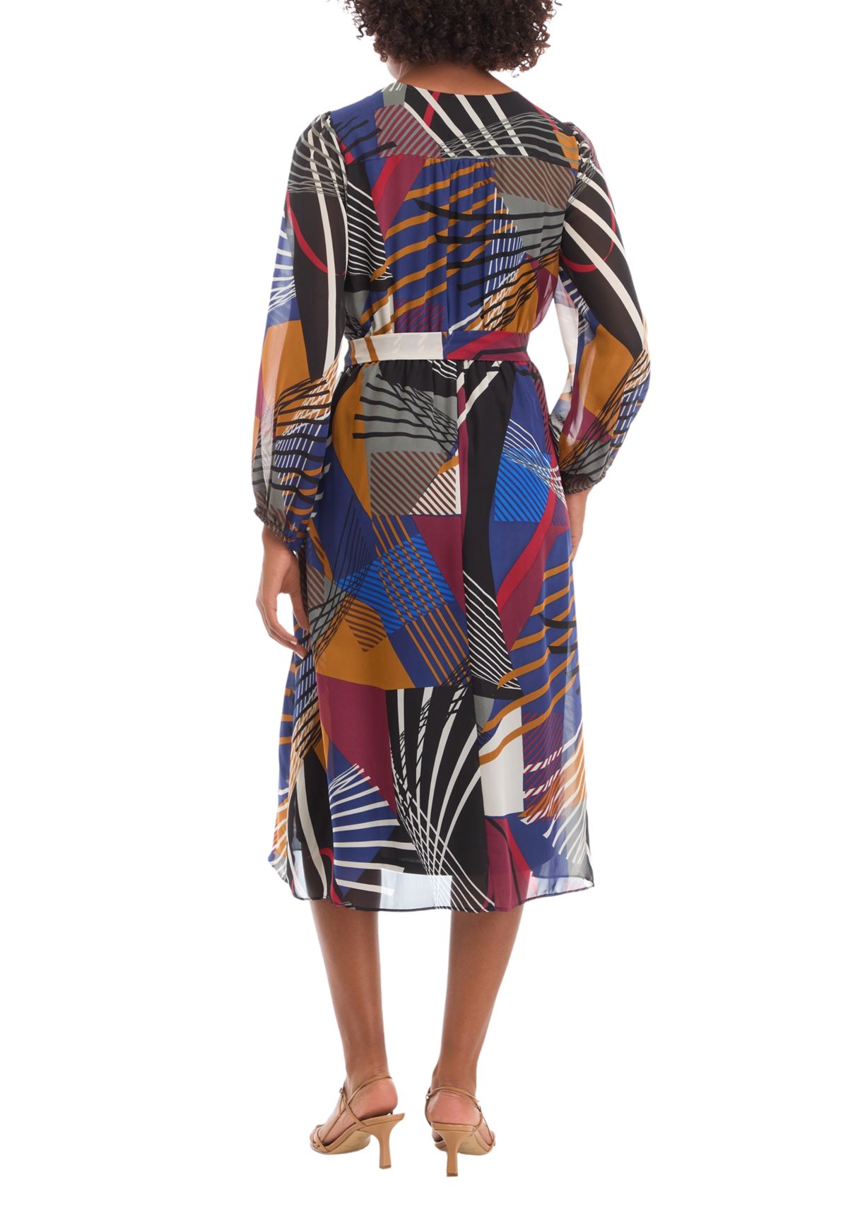 Womens Balloon Sleeve Geometric Surplice Wrap Chiffon Dress