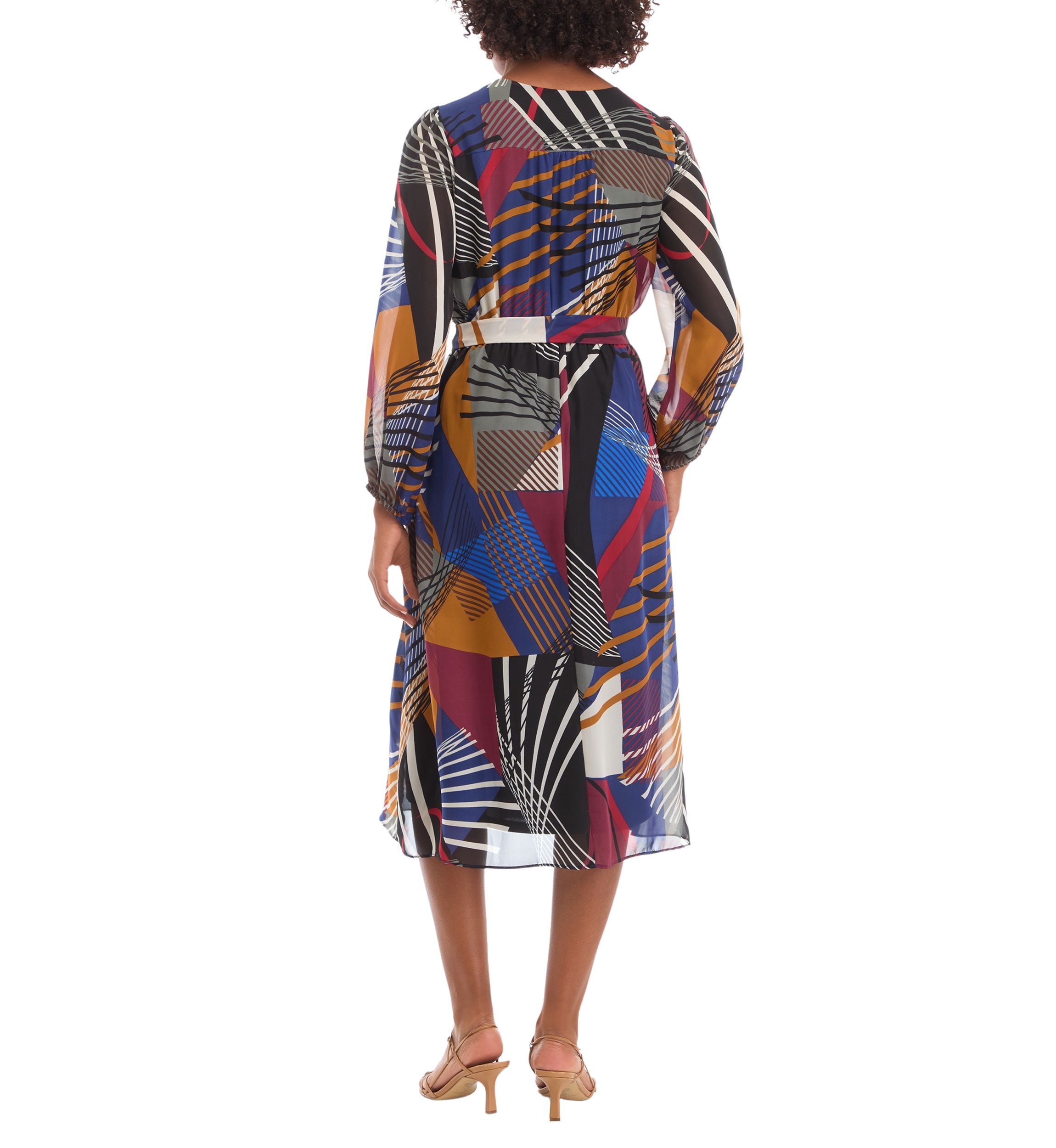 Womens Balloon Sleeve Geometric Surplice Wrap Chiffon Dress
