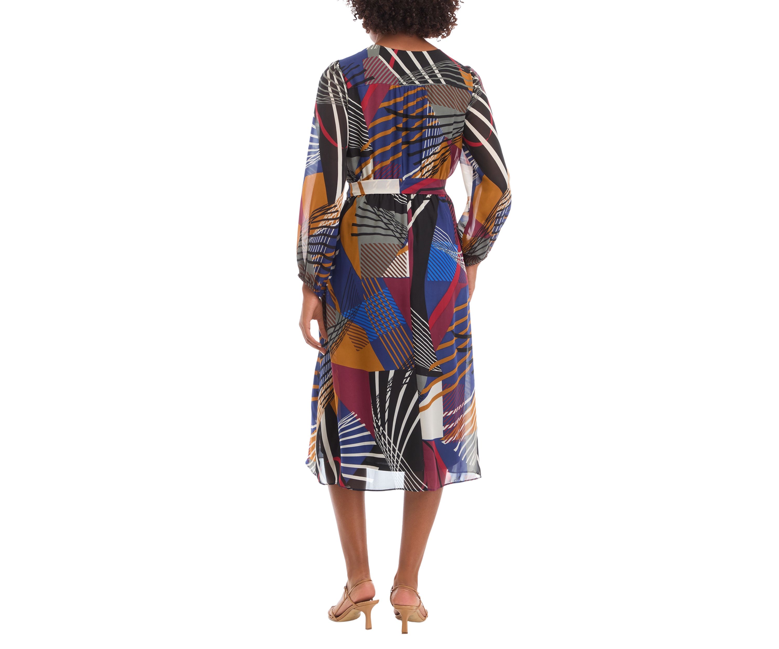 Womens Balloon Sleeve Geometric Surplice Wrap Chiffon Dress