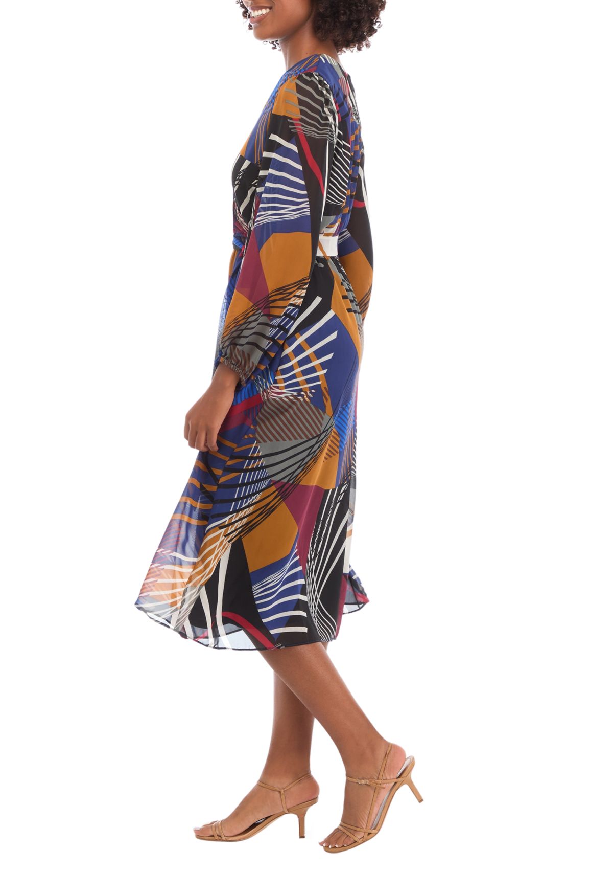 Womens Balloon Sleeve Geometric Surplice Wrap Chiffon Dress