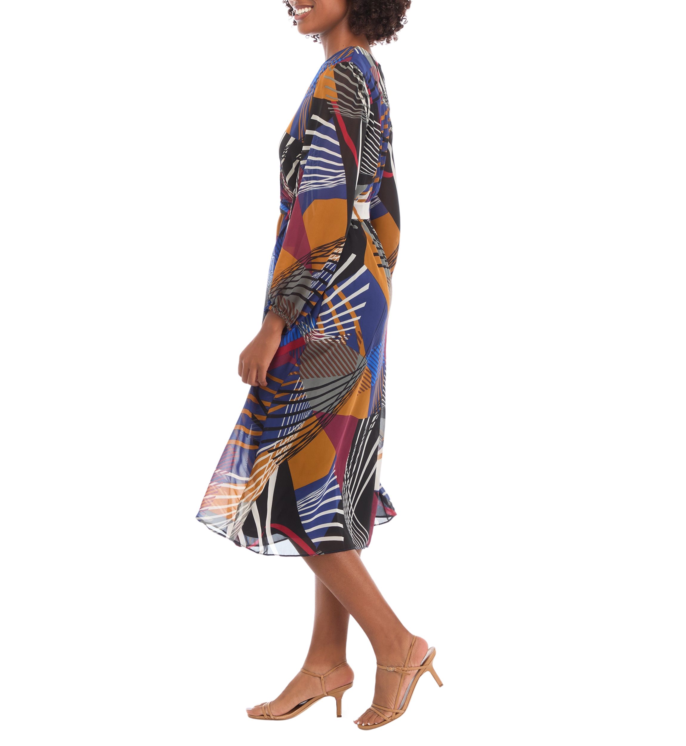 Womens Balloon Sleeve Geometric Surplice Wrap Chiffon Dress