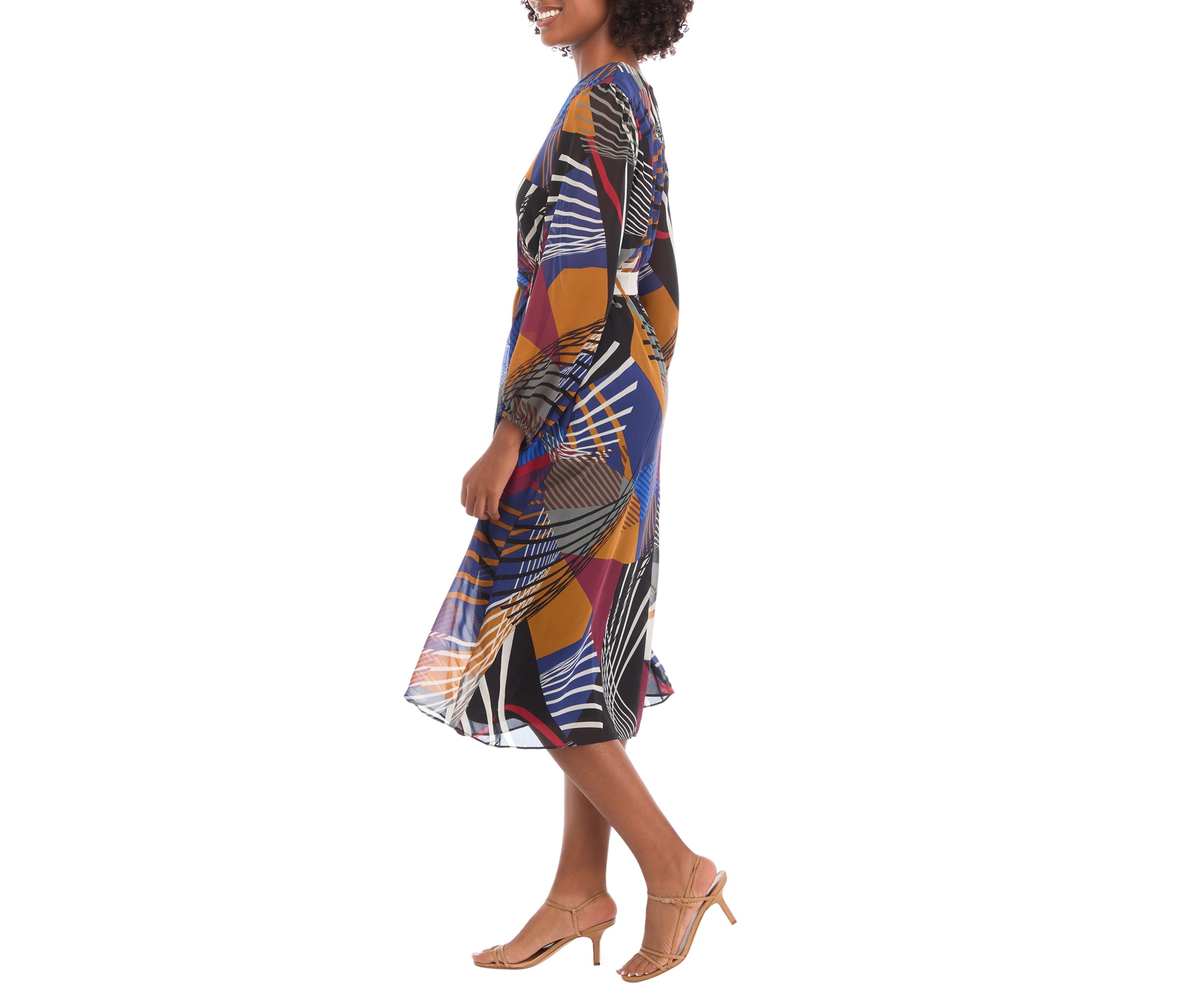 Womens Balloon Sleeve Geometric Surplice Wrap Chiffon Dress