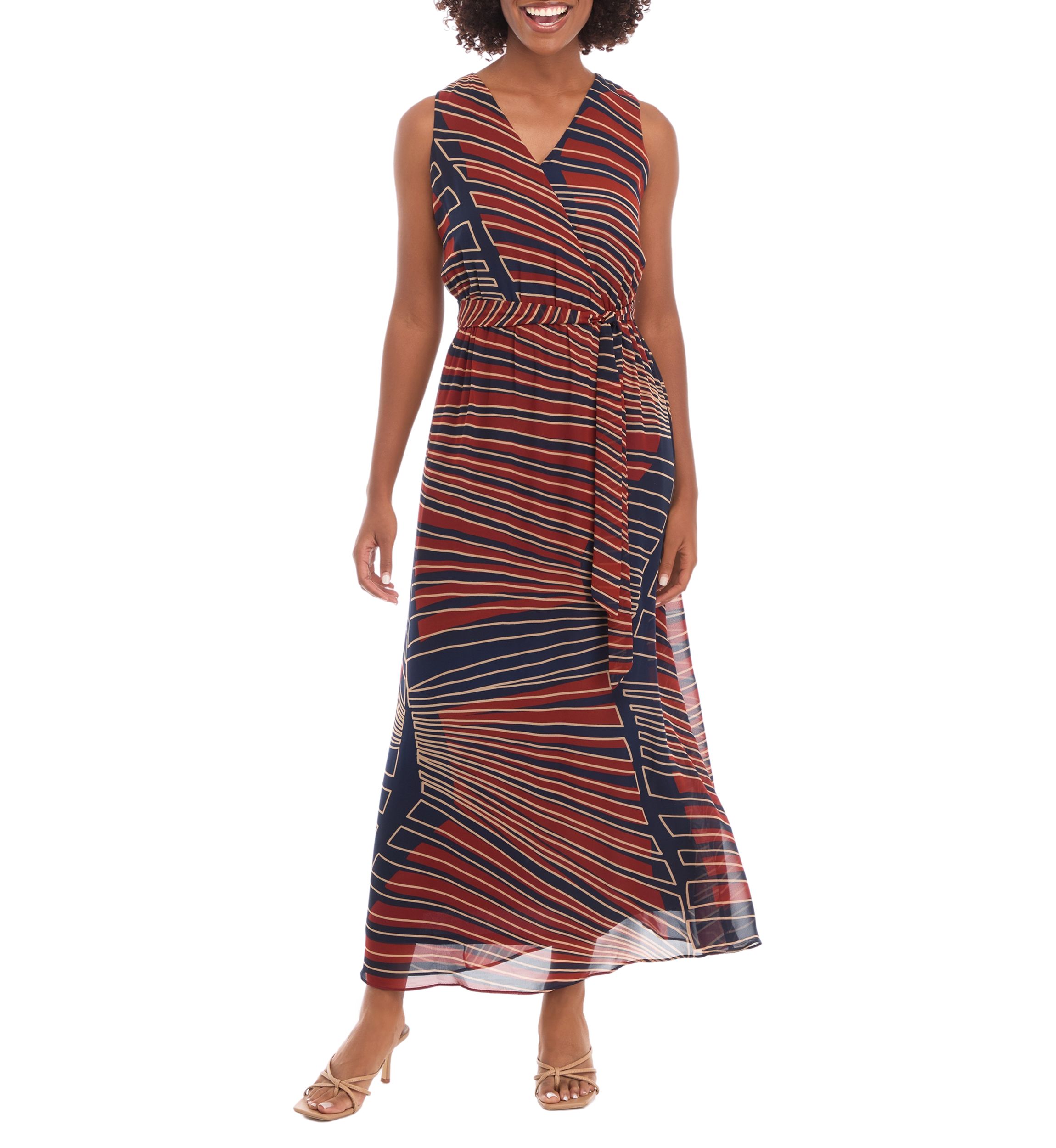 Womens Sleeveless V-Neck Printed Midi A-Line Dress