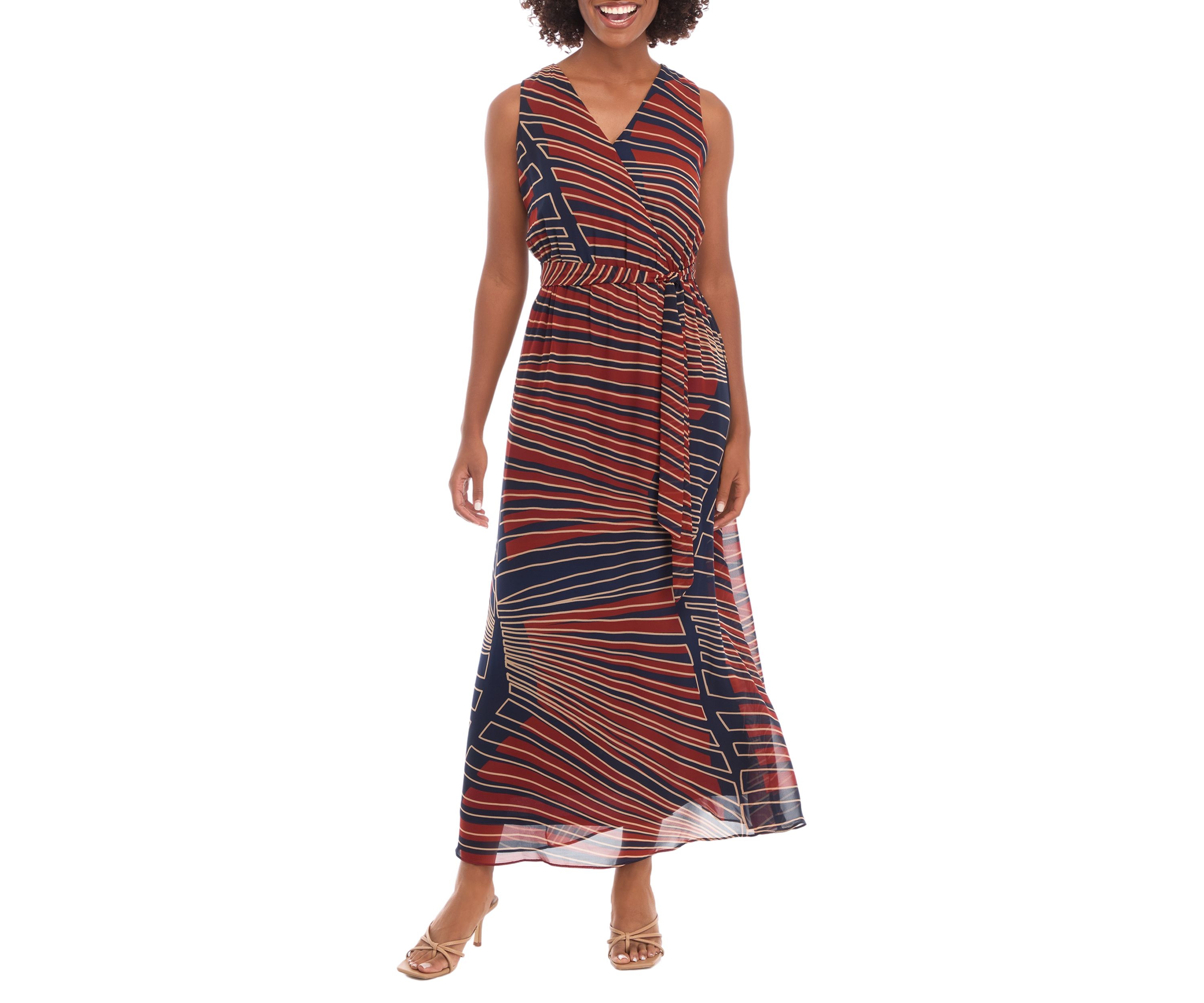 Womens Sleeveless V-Neck Printed Midi A-Line Dress