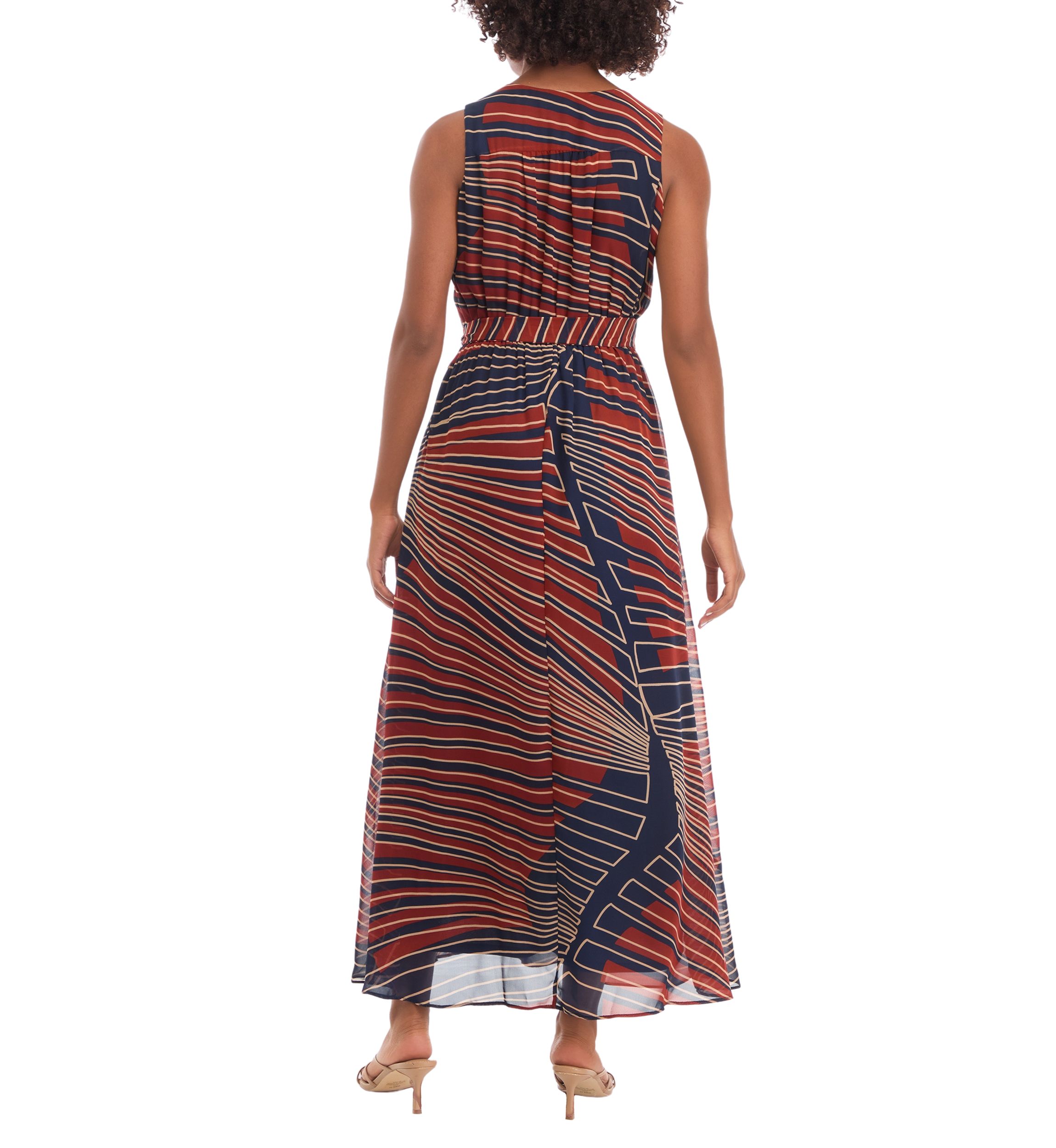 Womens Sleeveless V-Neck Printed Midi A-Line Dress