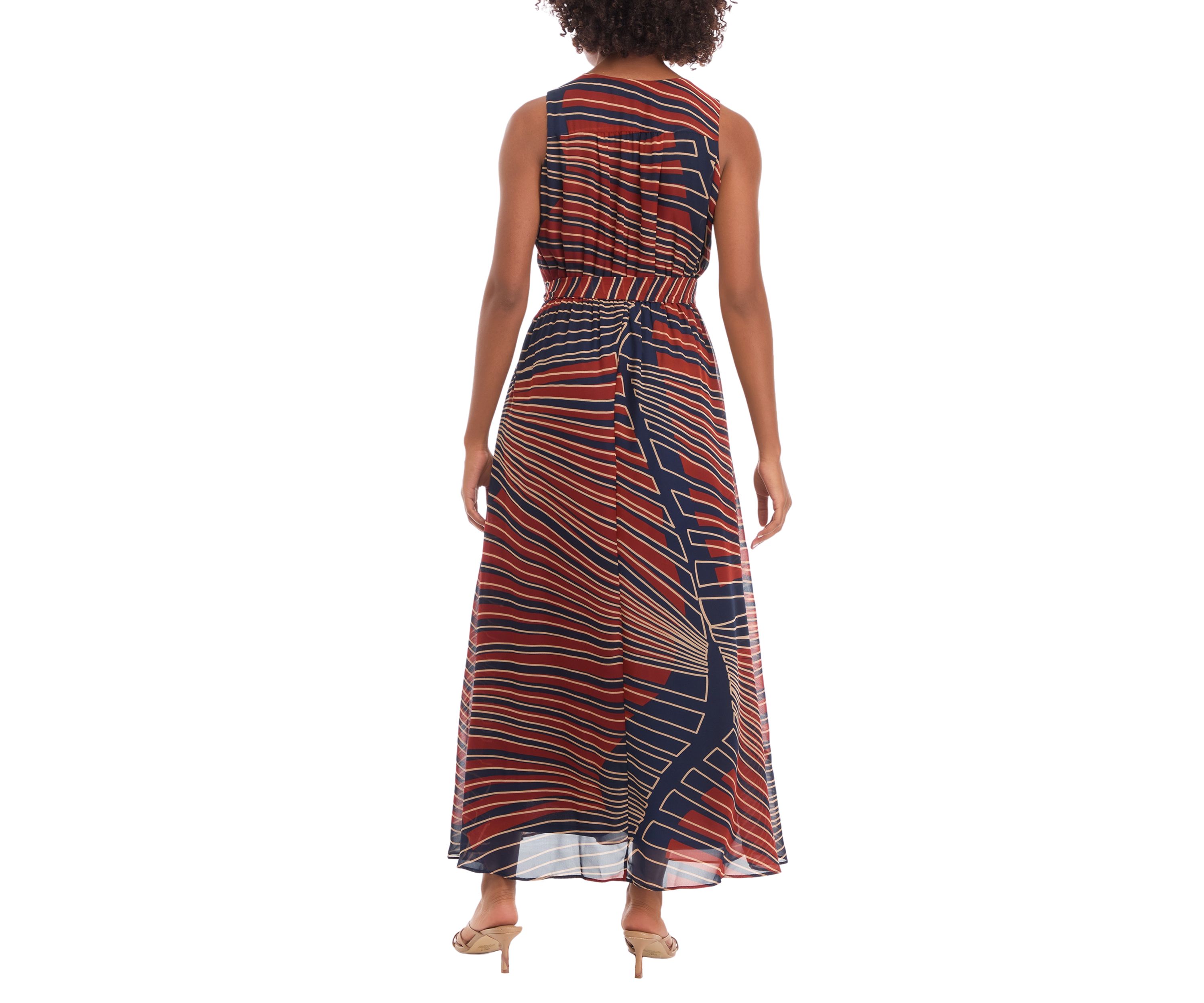 Womens Sleeveless V-Neck Printed Midi A-Line Dress