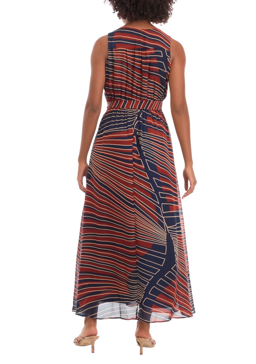Womens Sleeveless V-Neck Printed Midi A-Line Dress