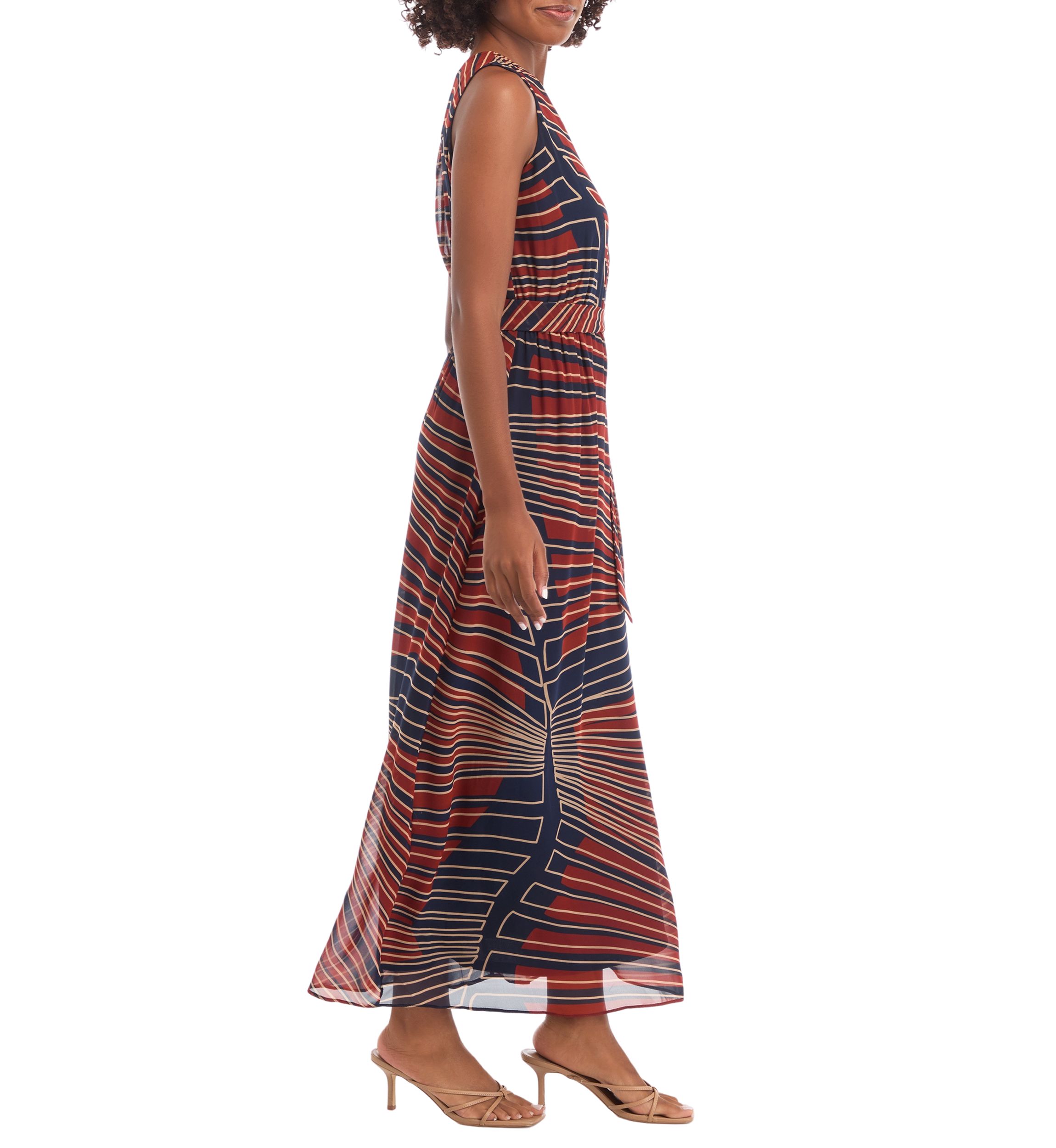 Womens Sleeveless V-Neck Printed Midi A-Line Dress