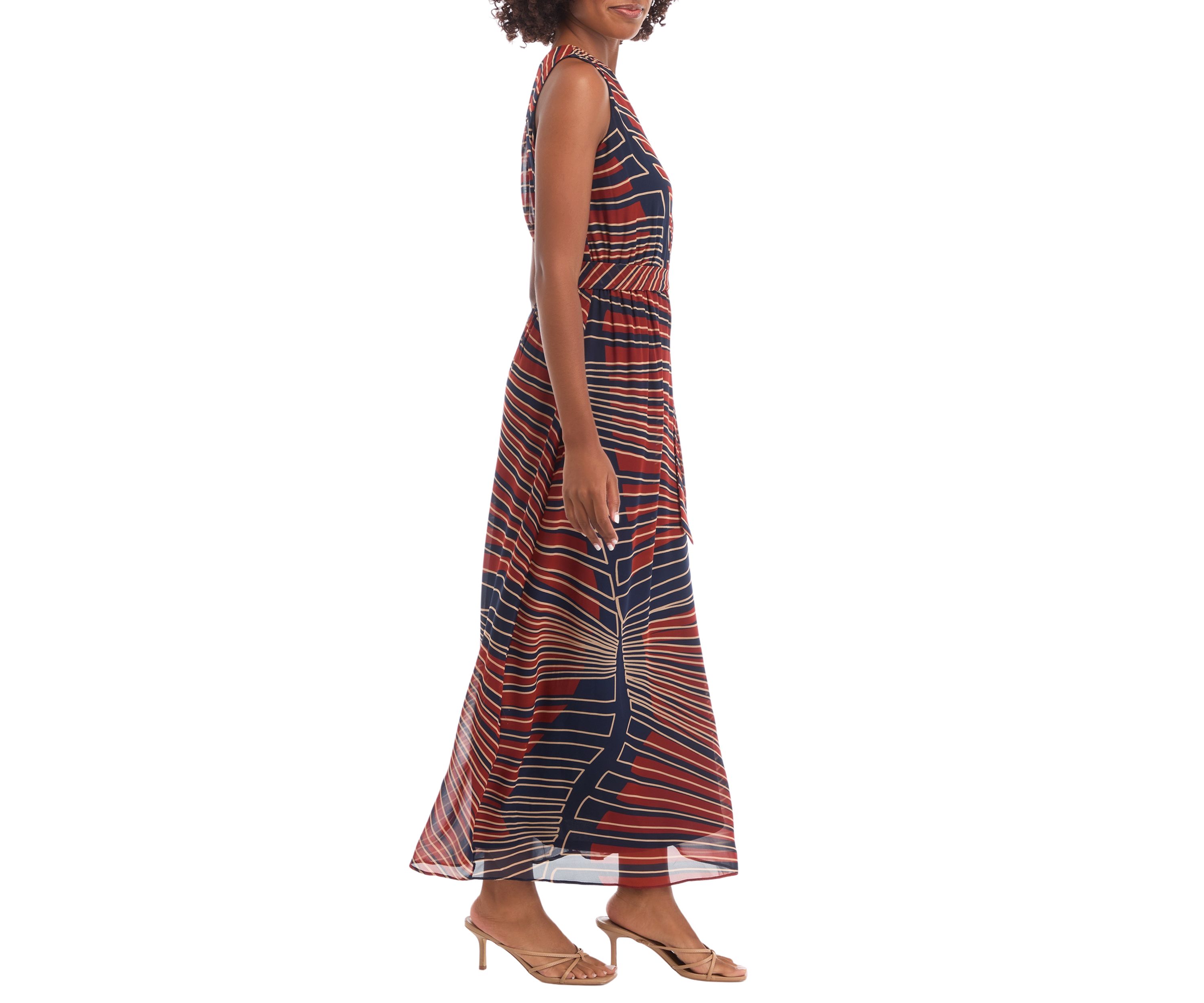 Womens Sleeveless V-Neck Printed Midi A-Line Dress