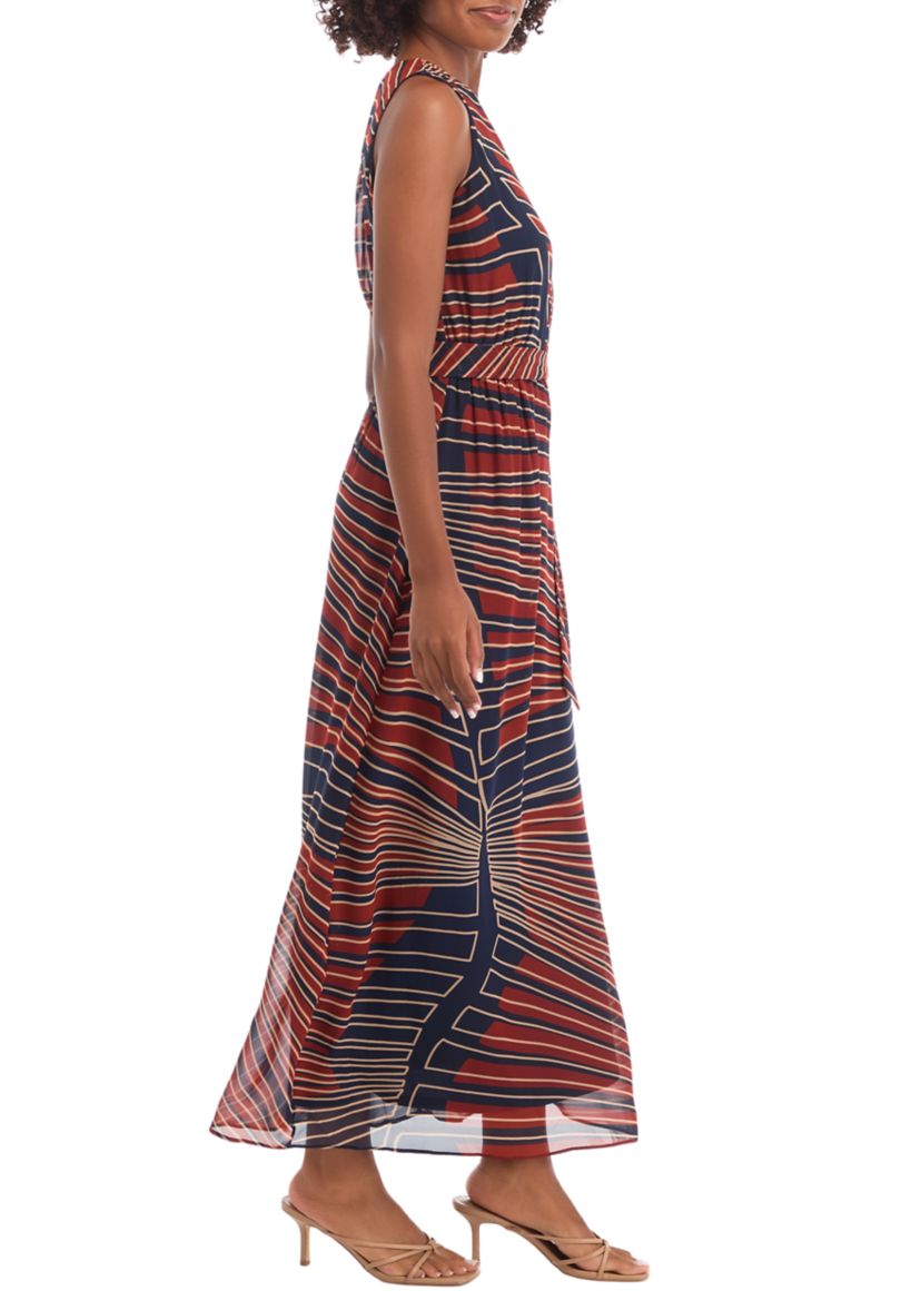Womens Sleeveless V-Neck Printed Midi A-Line Dress
