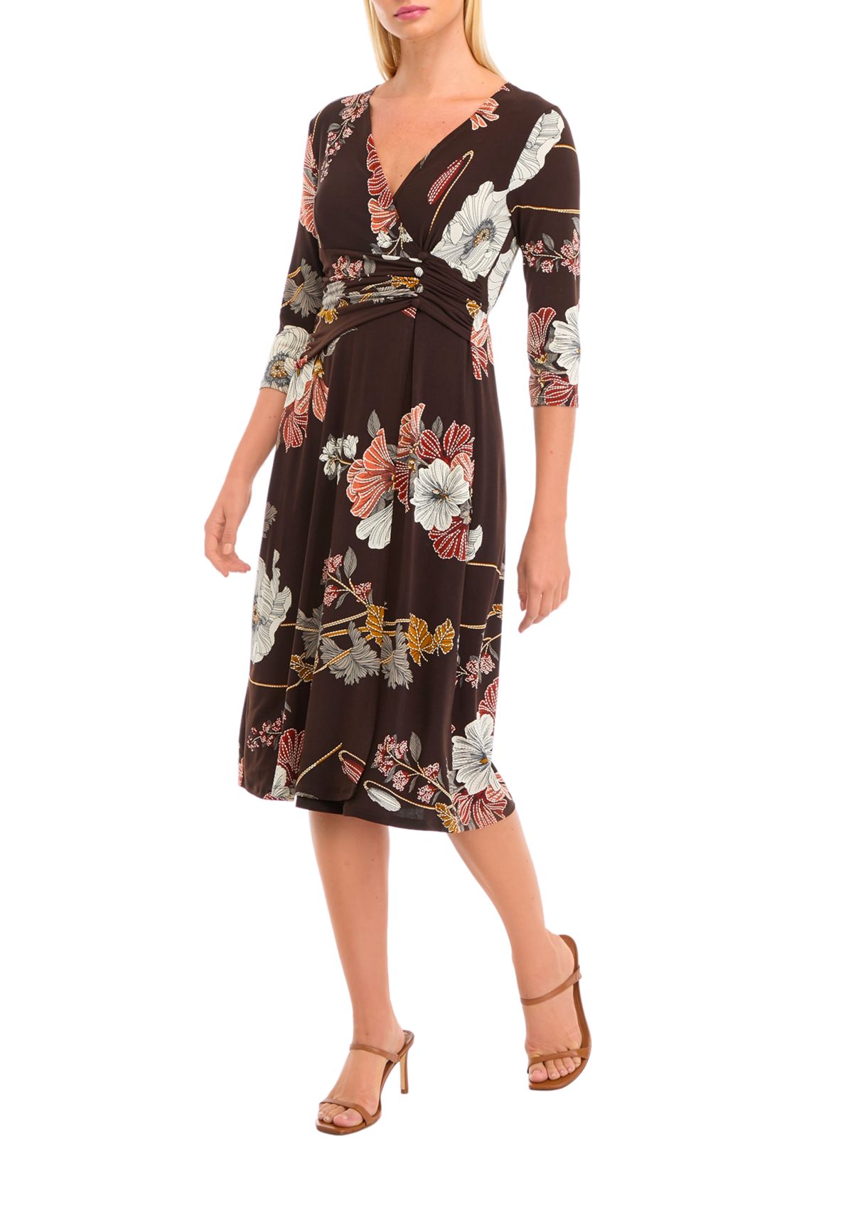 Womens 3/4 Sleeve V-Neck Floral Print Dress