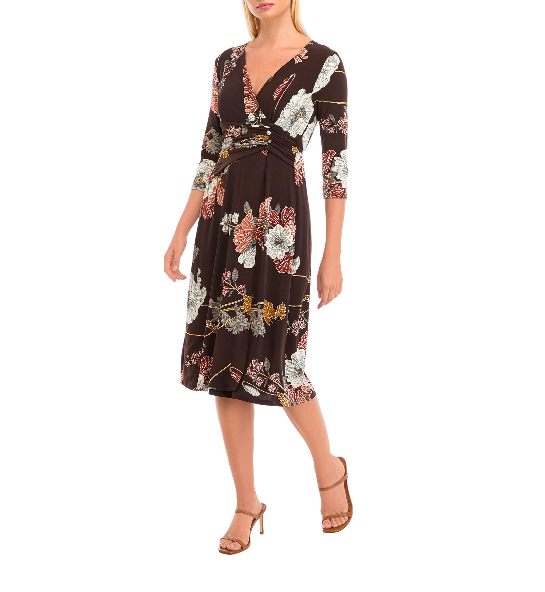 Womens 3/4 Sleeve V-Neck Floral Print Dress