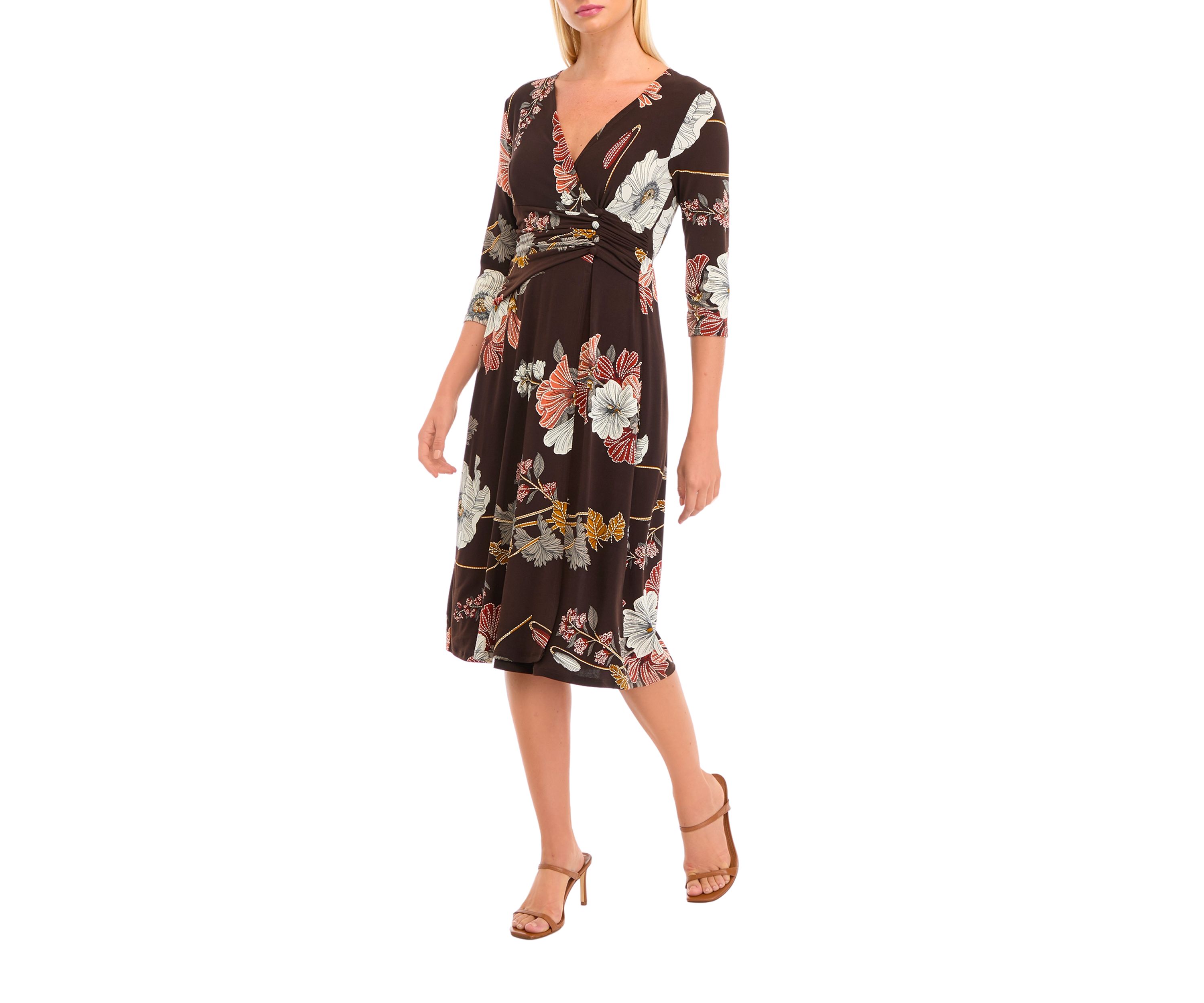 Womens 3/4 Sleeve V-Neck Floral Print Dress