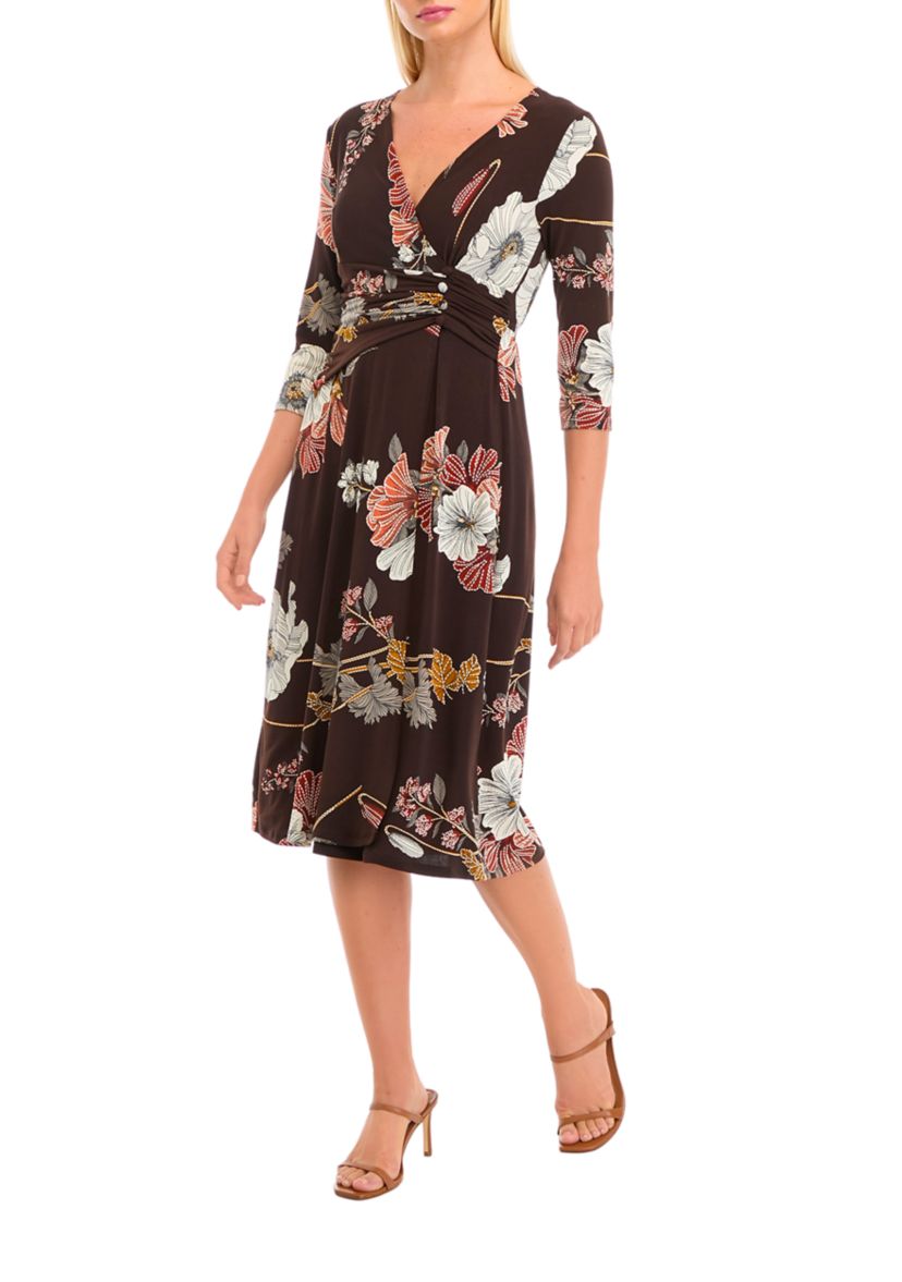 Womens 3/4 Sleeve V-Neck Floral Print Dress