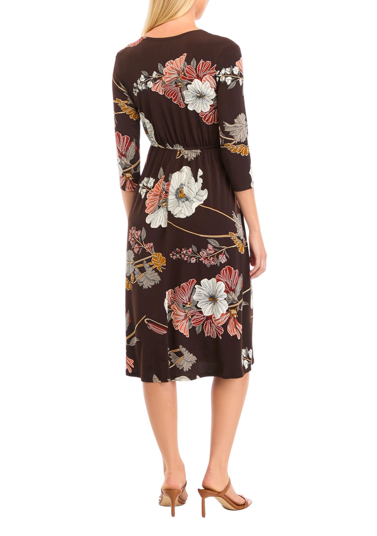 Womens 3/4 Sleeve V-Neck Floral Print Dress