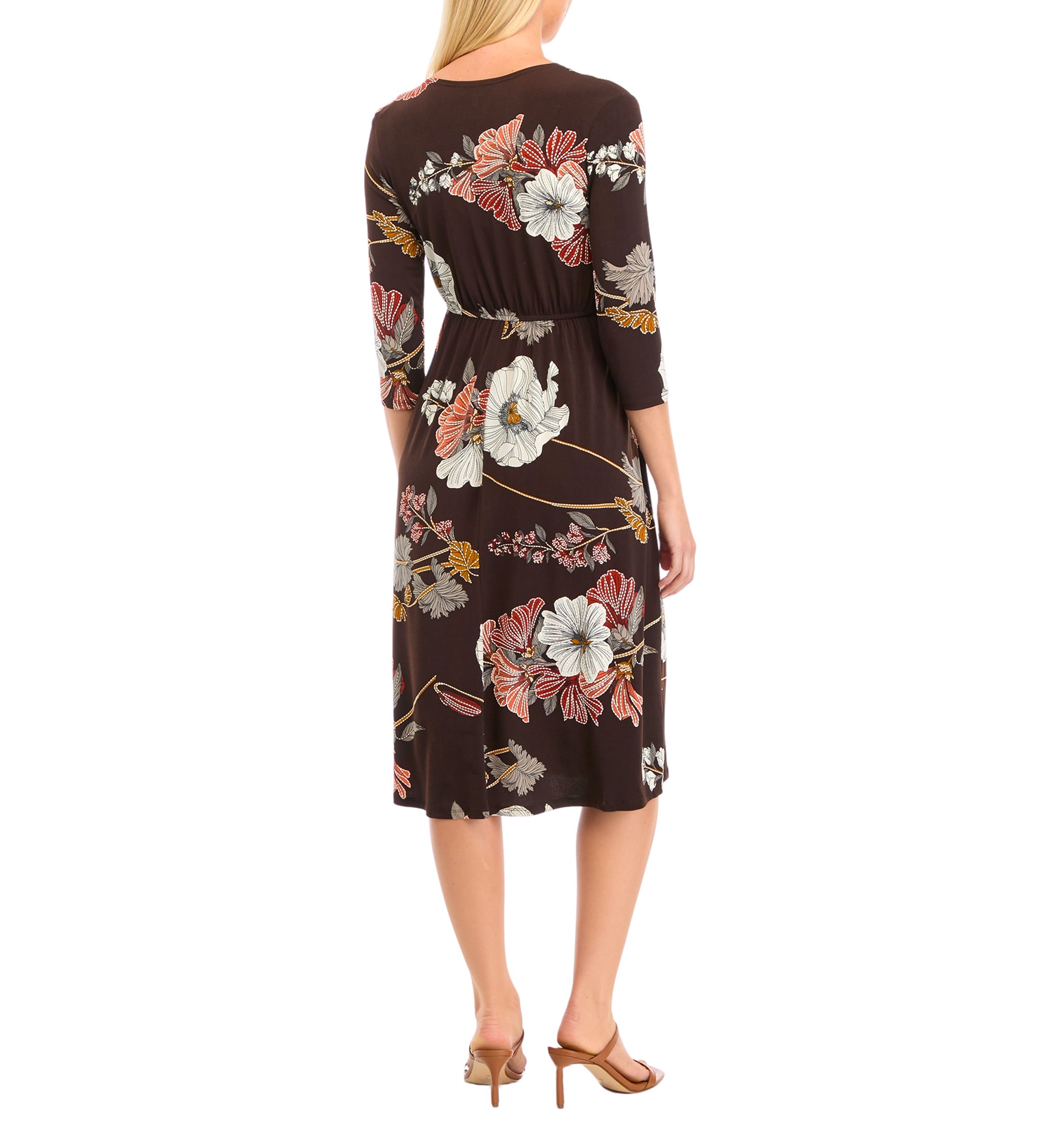 Womens 3/4 Sleeve V-Neck Floral Print Dress