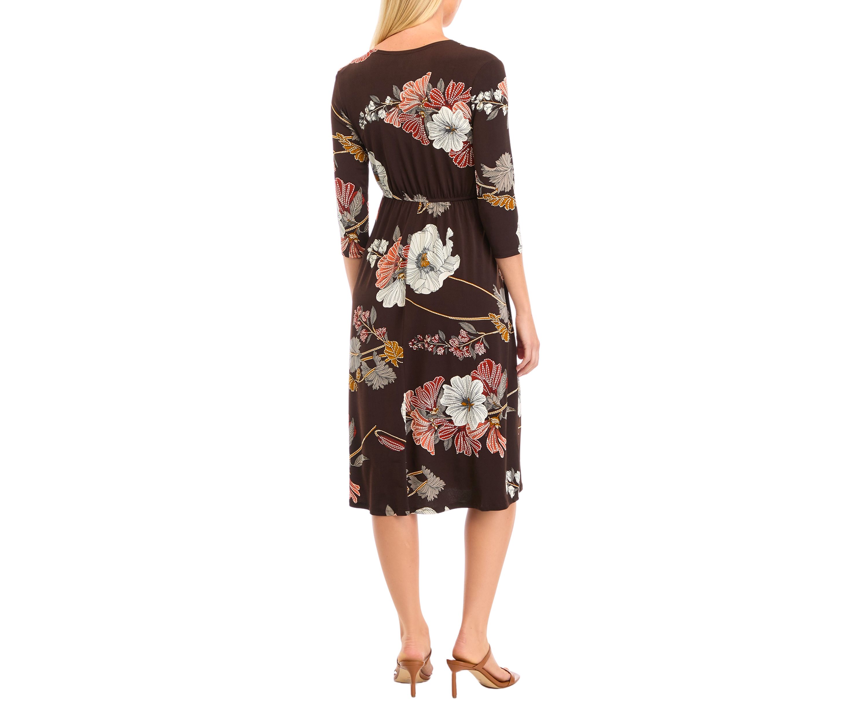 Womens 3/4 Sleeve V-Neck Floral Print Dress