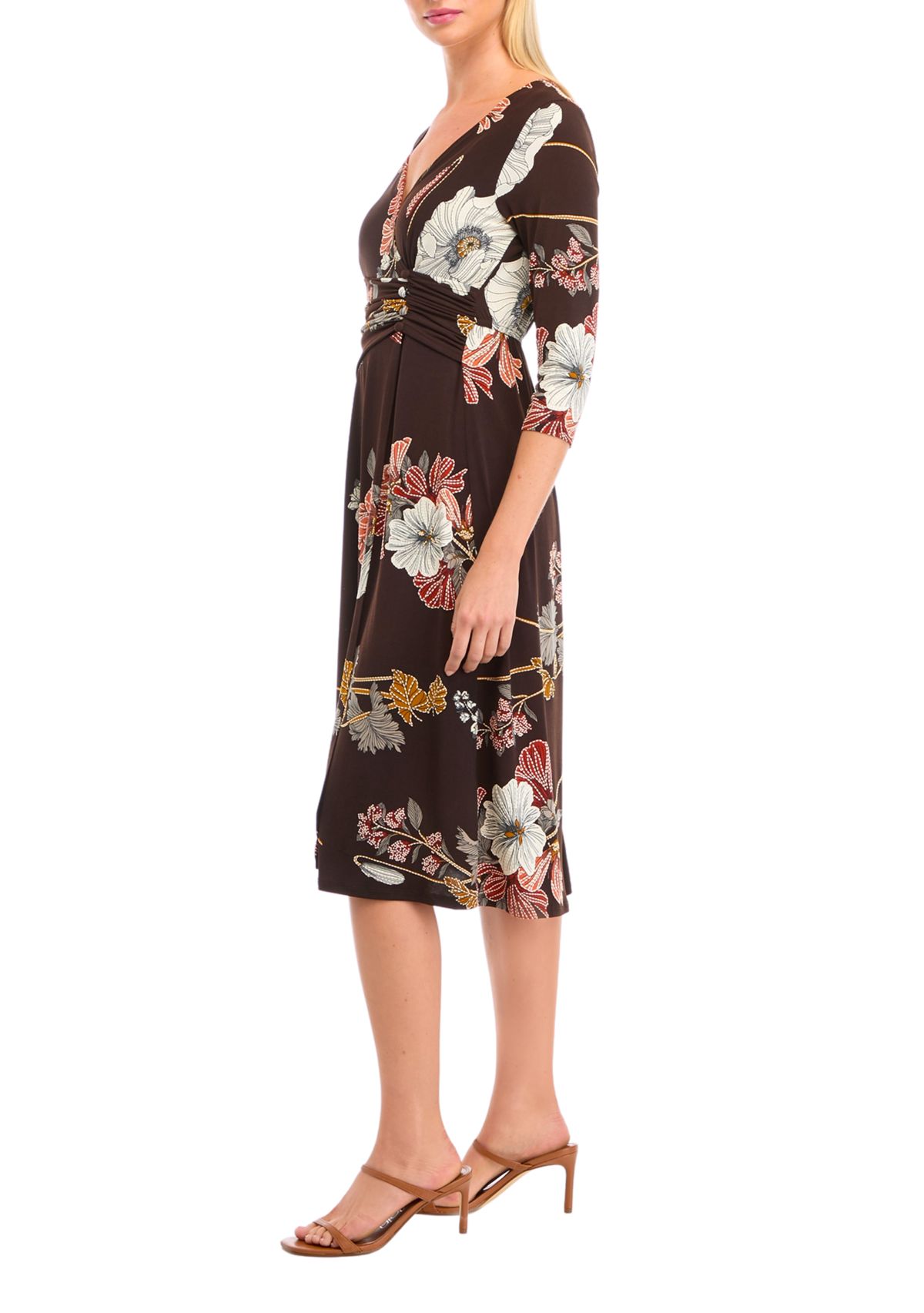 Womens 3/4 Sleeve V-Neck Floral Print Dress