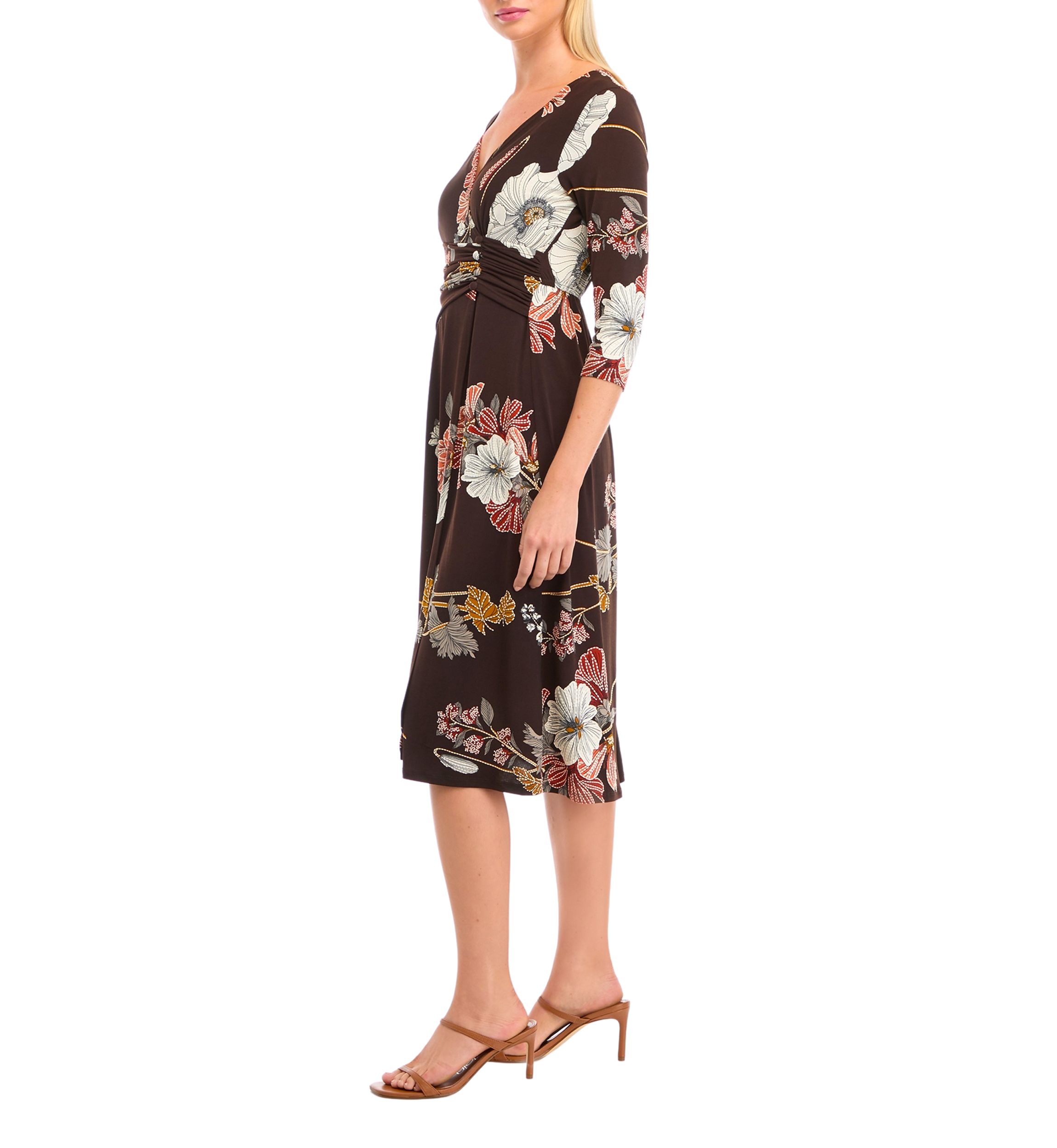 Womens 3/4 Sleeve V-Neck Floral Print Dress