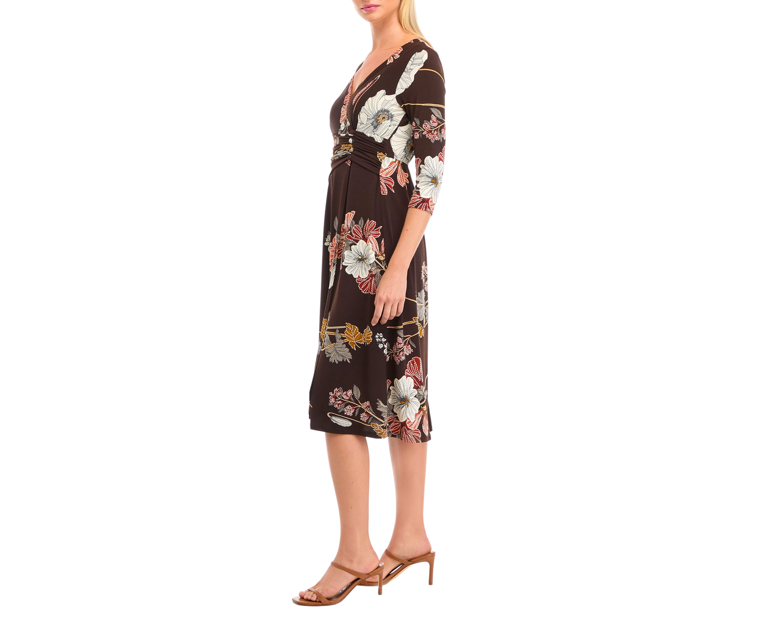 Womens 3/4 Sleeve V-Neck Floral Print Dress