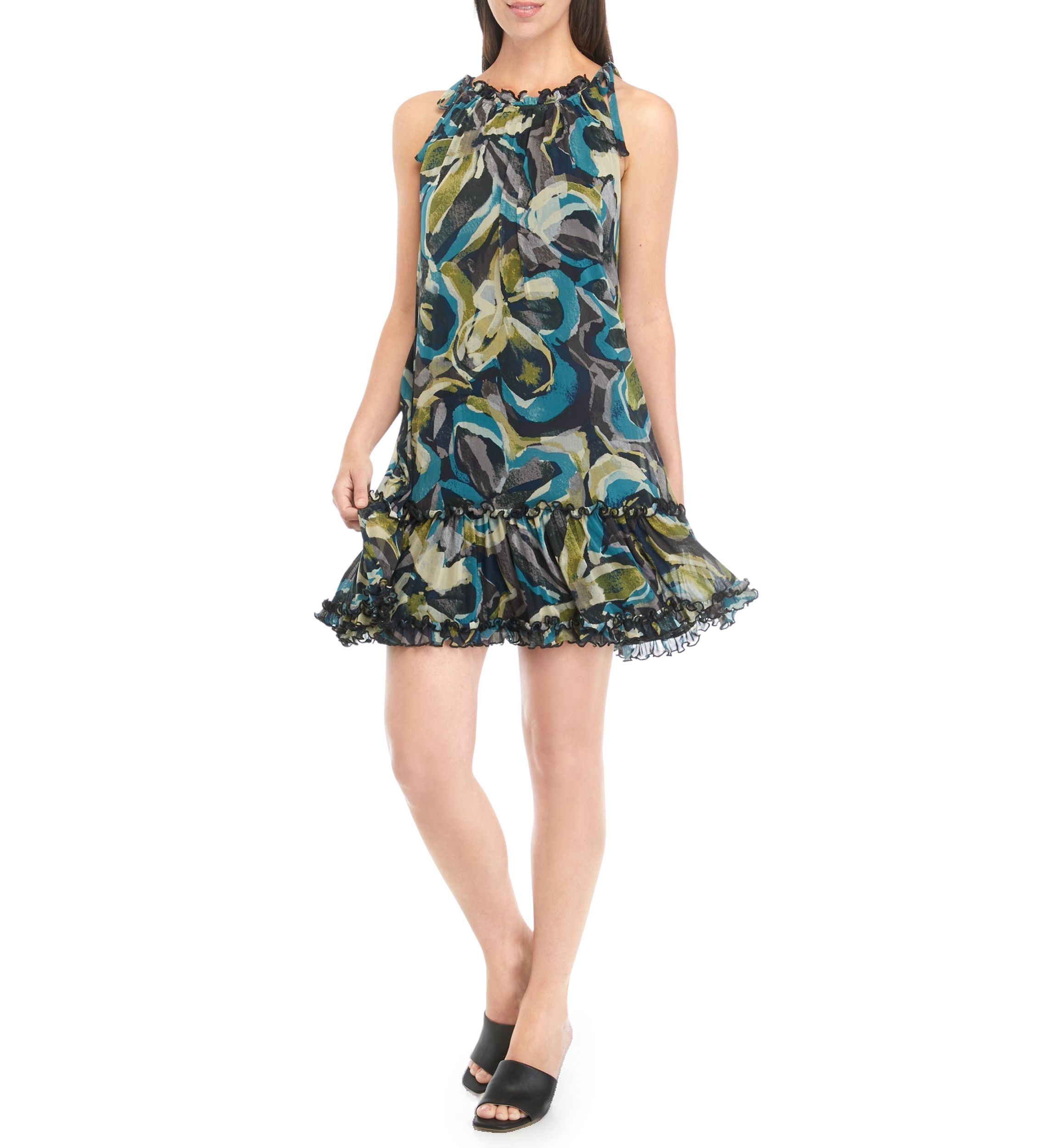 Womens Sleeveless Halter Abstract Print Mesh A-Line Dress