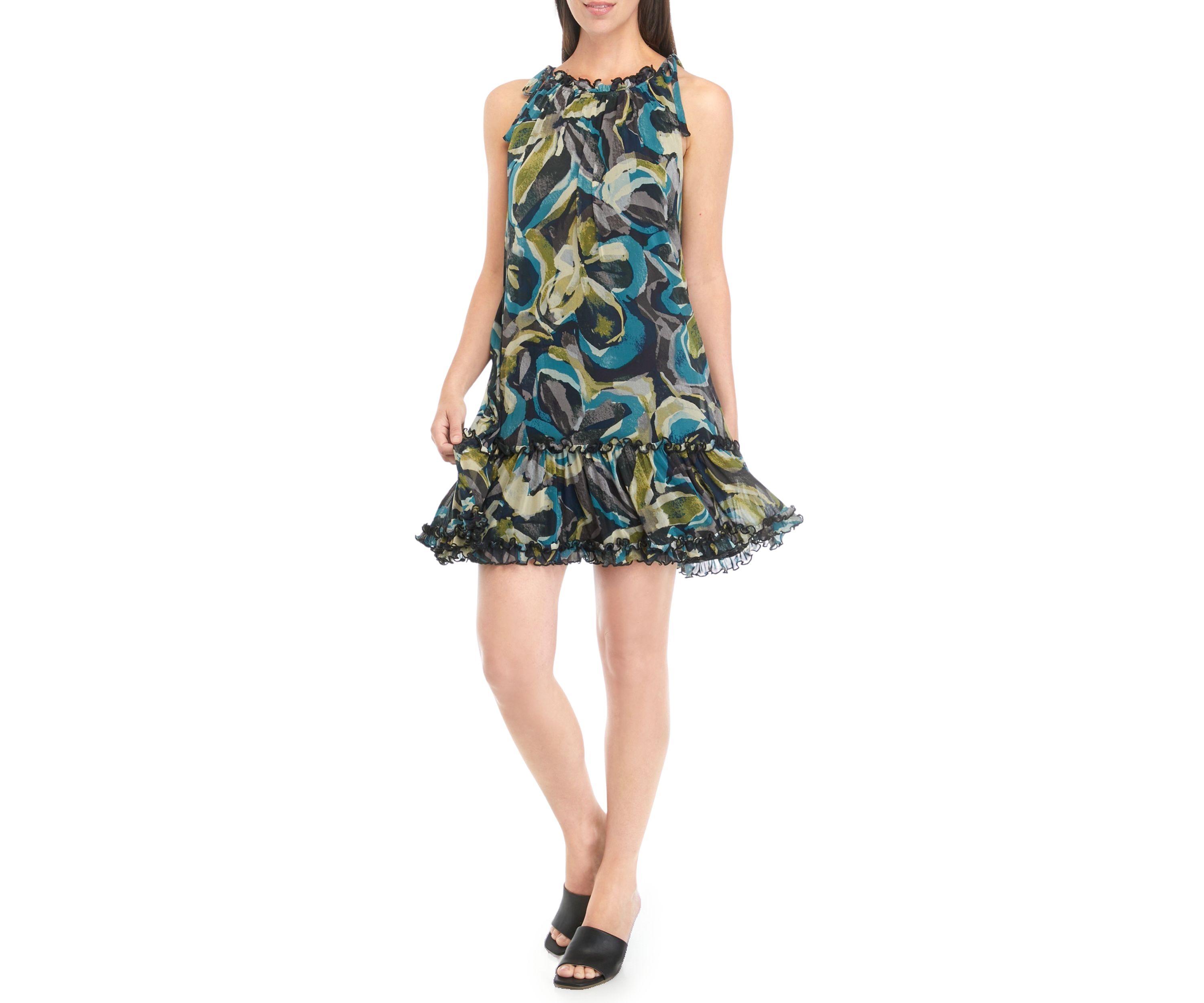 Womens Sleeveless Halter Abstract Print Mesh A-Line Dress