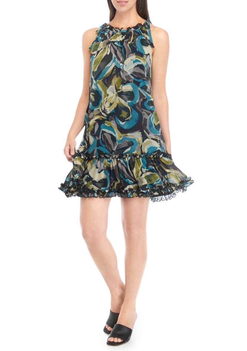 Womens Sleeveless Halter Abstract Print Mesh A-Line Dress