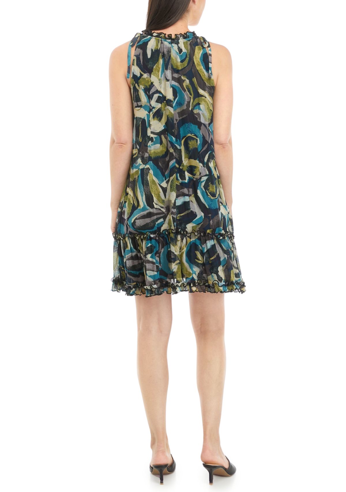 Womens Sleeveless Halter Abstract Print Mesh A-Line Dress