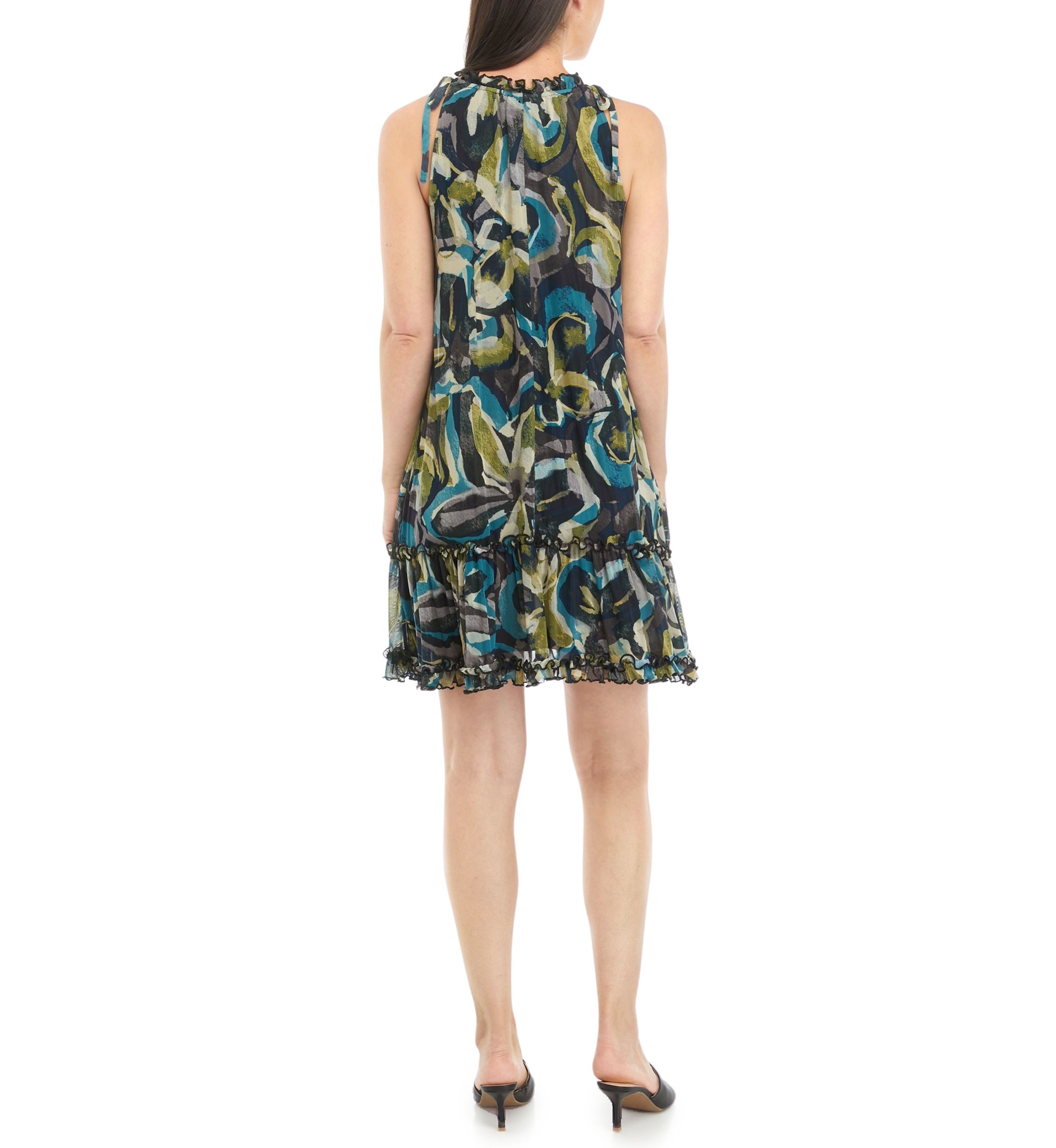 Womens Sleeveless Halter Abstract Print Mesh A-Line Dress