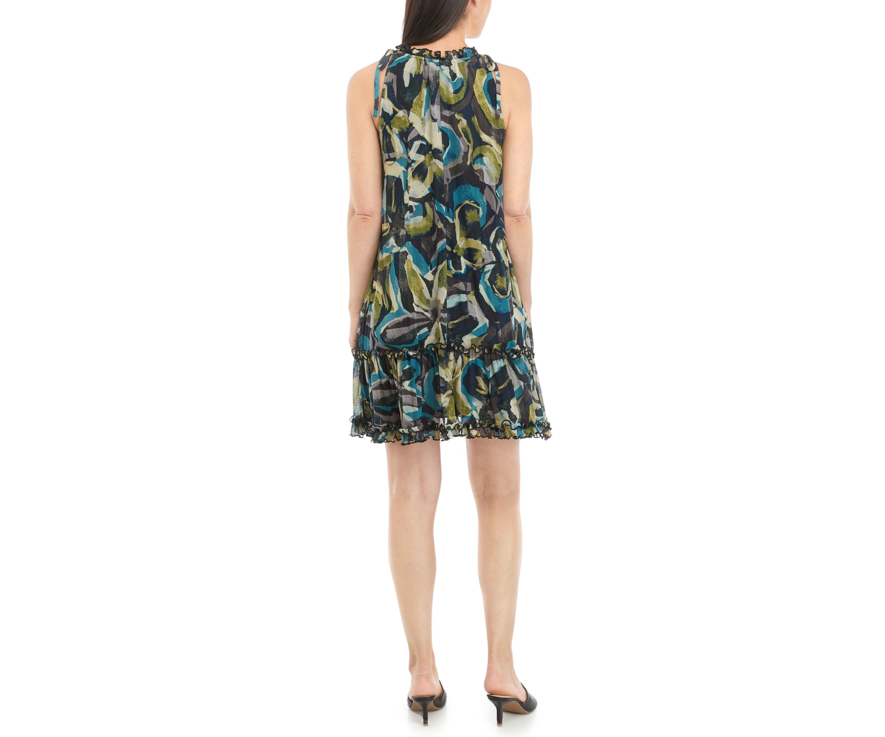 Womens Sleeveless Halter Abstract Print Mesh A-Line Dress