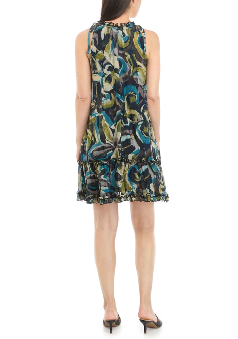 Womens Sleeveless Halter Abstract Print Mesh A-Line Dress