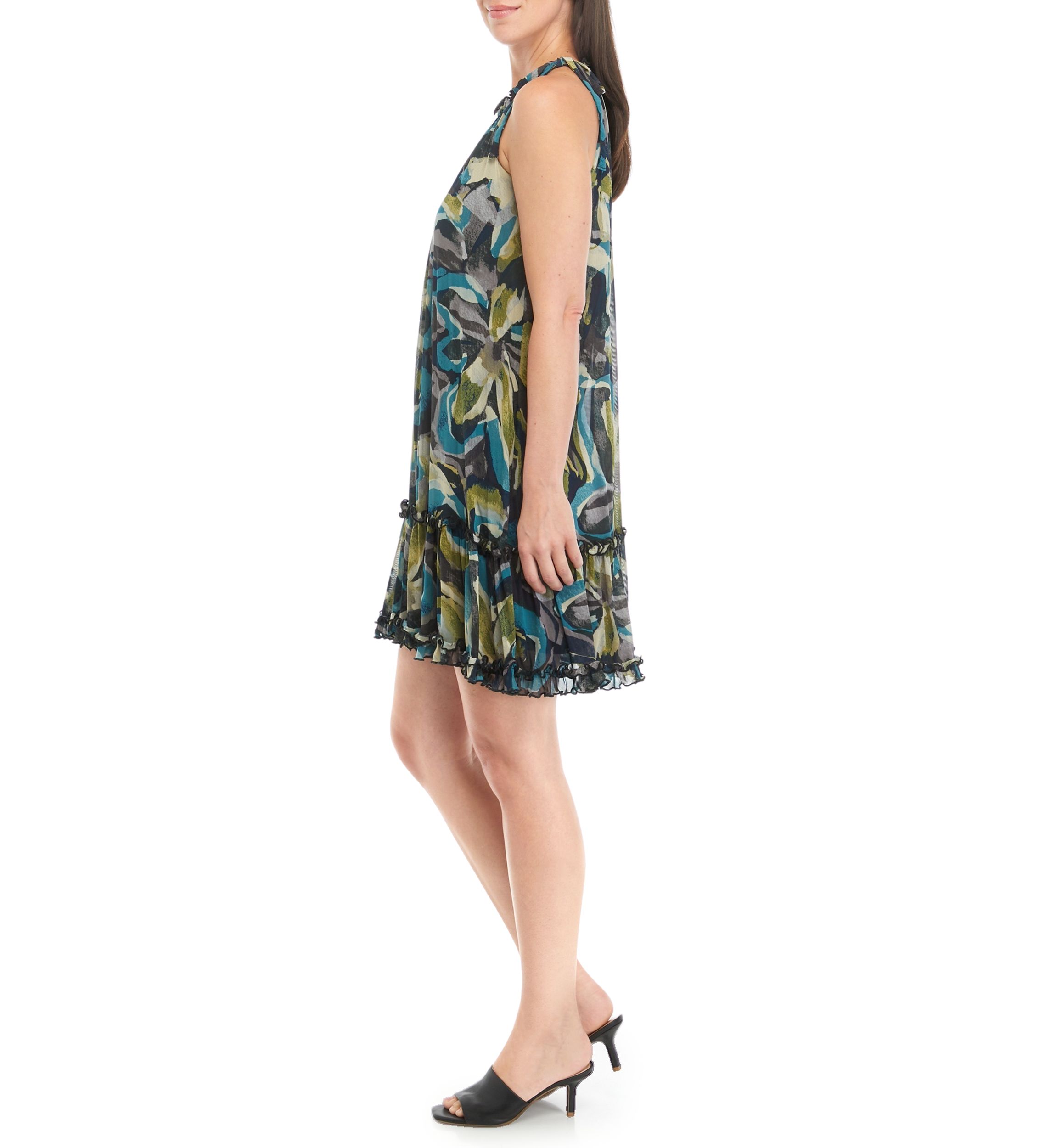 Womens Sleeveless Halter Abstract Print Mesh A-Line Dress