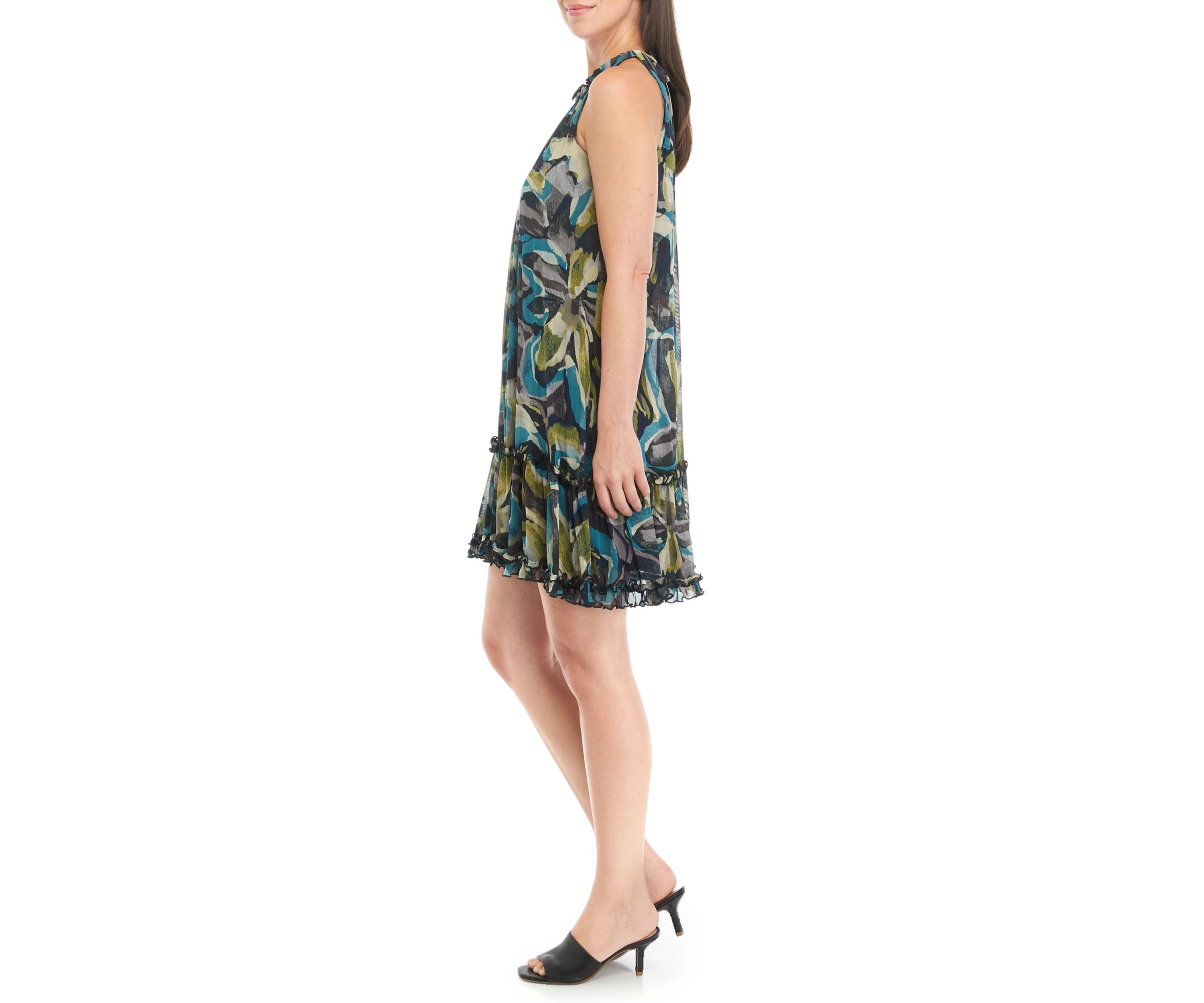 Womens Sleeveless Halter Abstract Print Mesh A-Line Dress