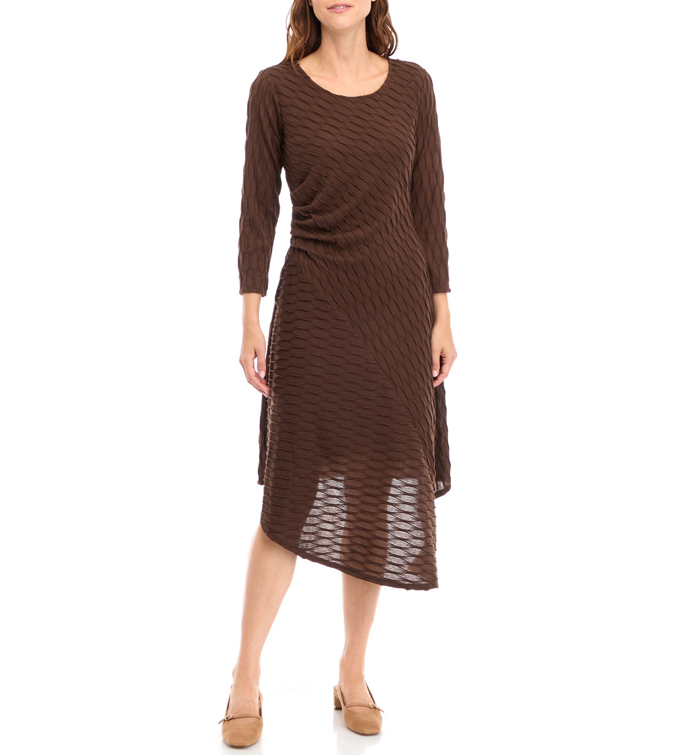Womens Long Sleeve Solid Knit Midi A-Line Dress