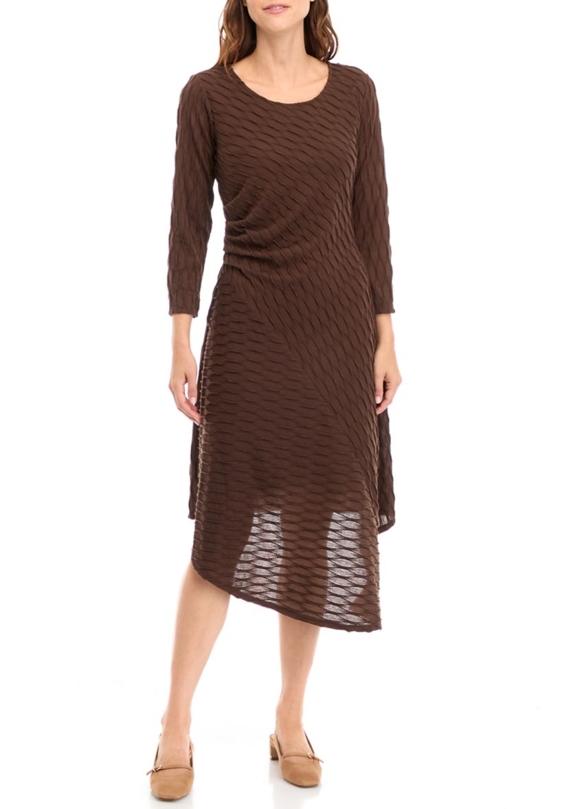Womens Long Sleeve Solid Knit Midi A-Line Dress