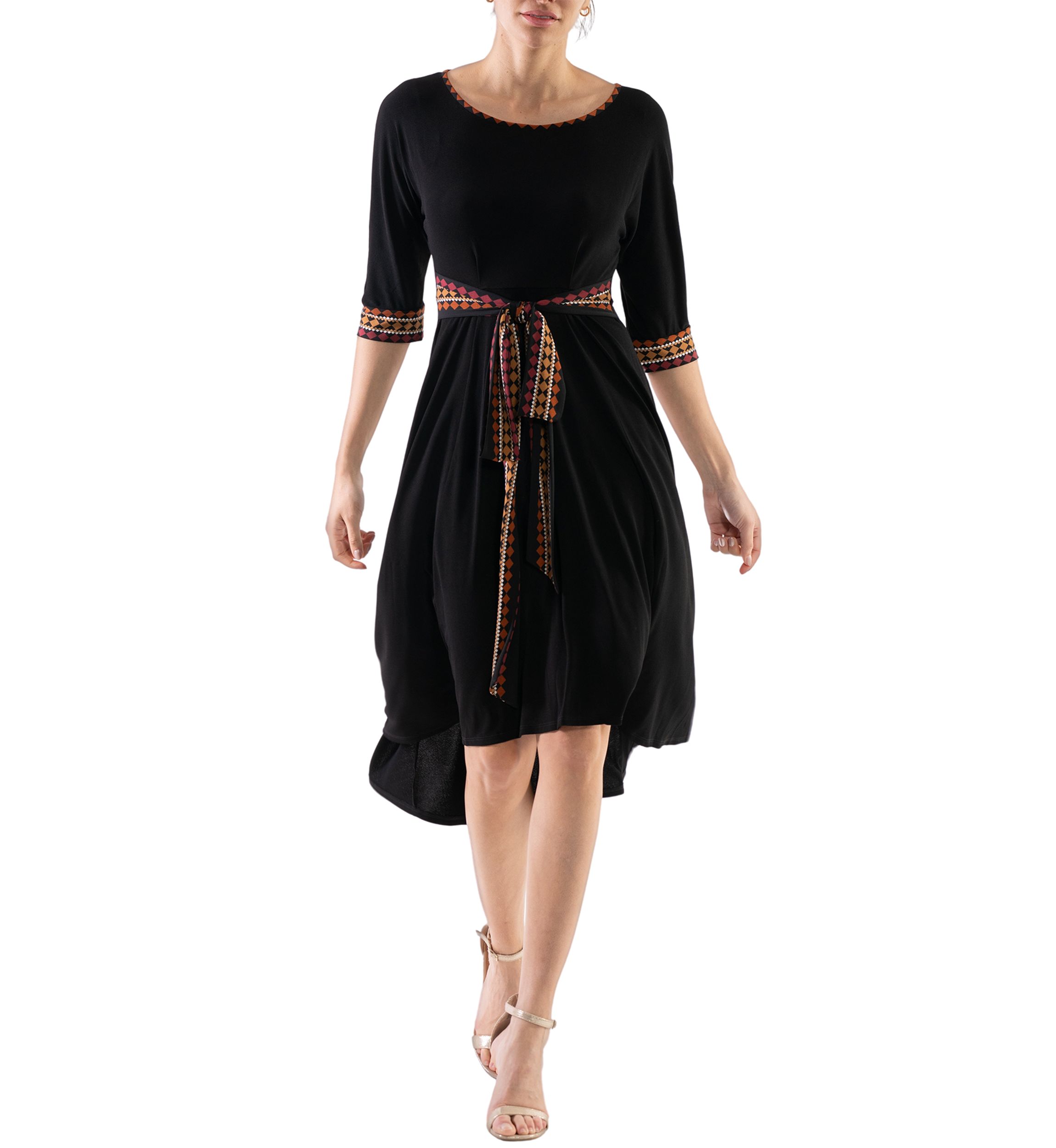 Womens Printed Belted Fit and Flare Dress