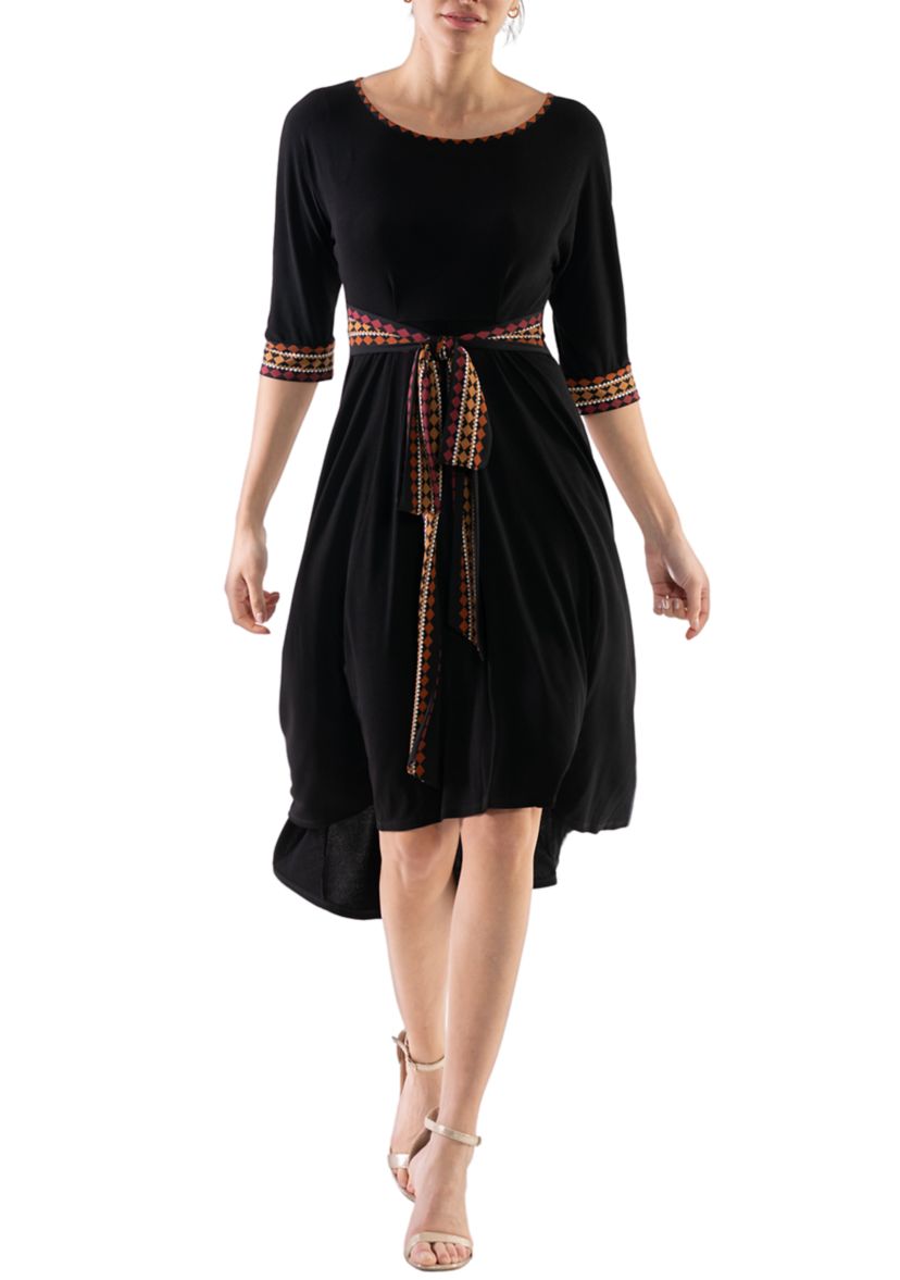 Womens Printed Belted Fit and Flare Dress