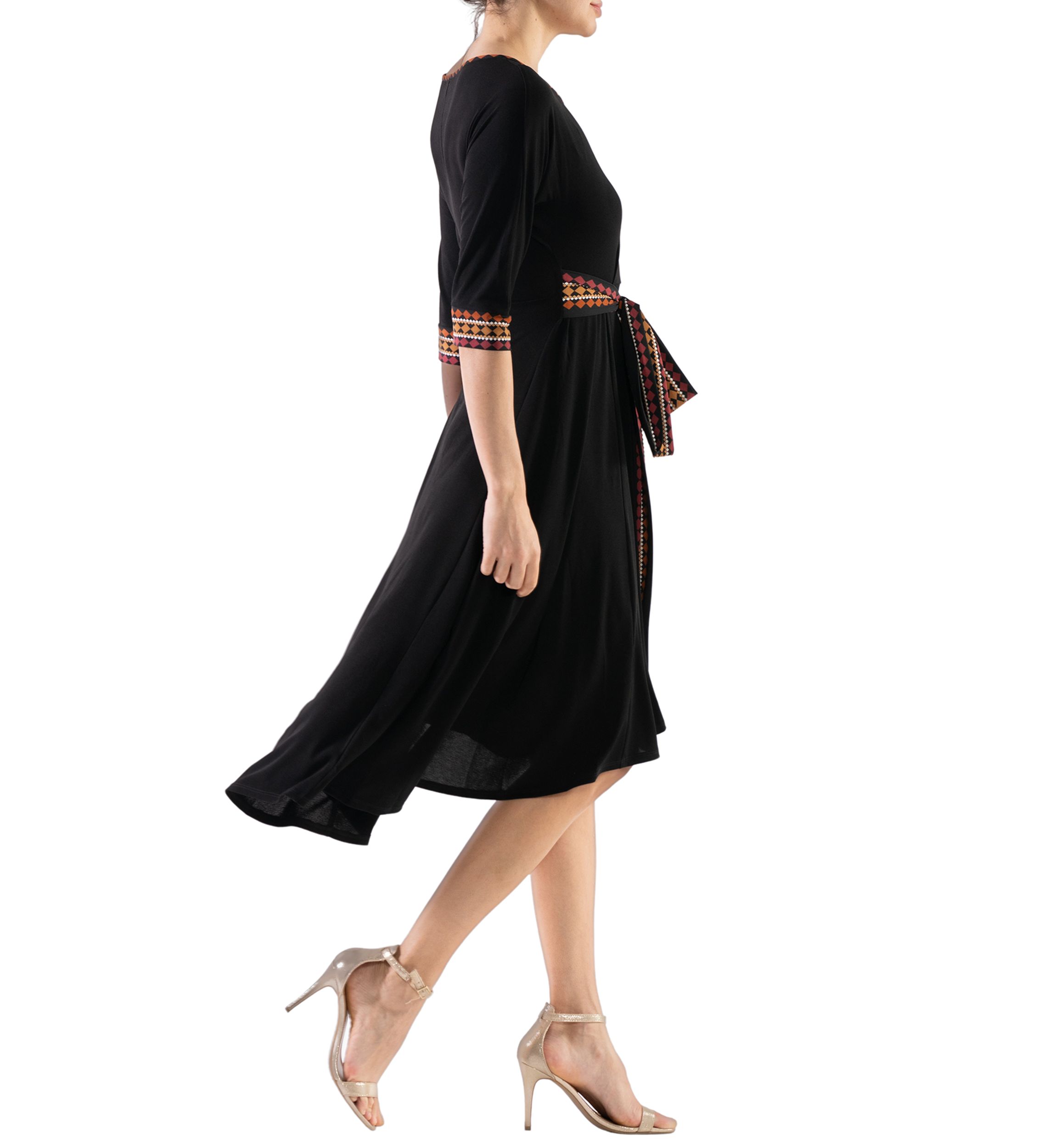 Womens Printed Belted Fit and Flare Dress