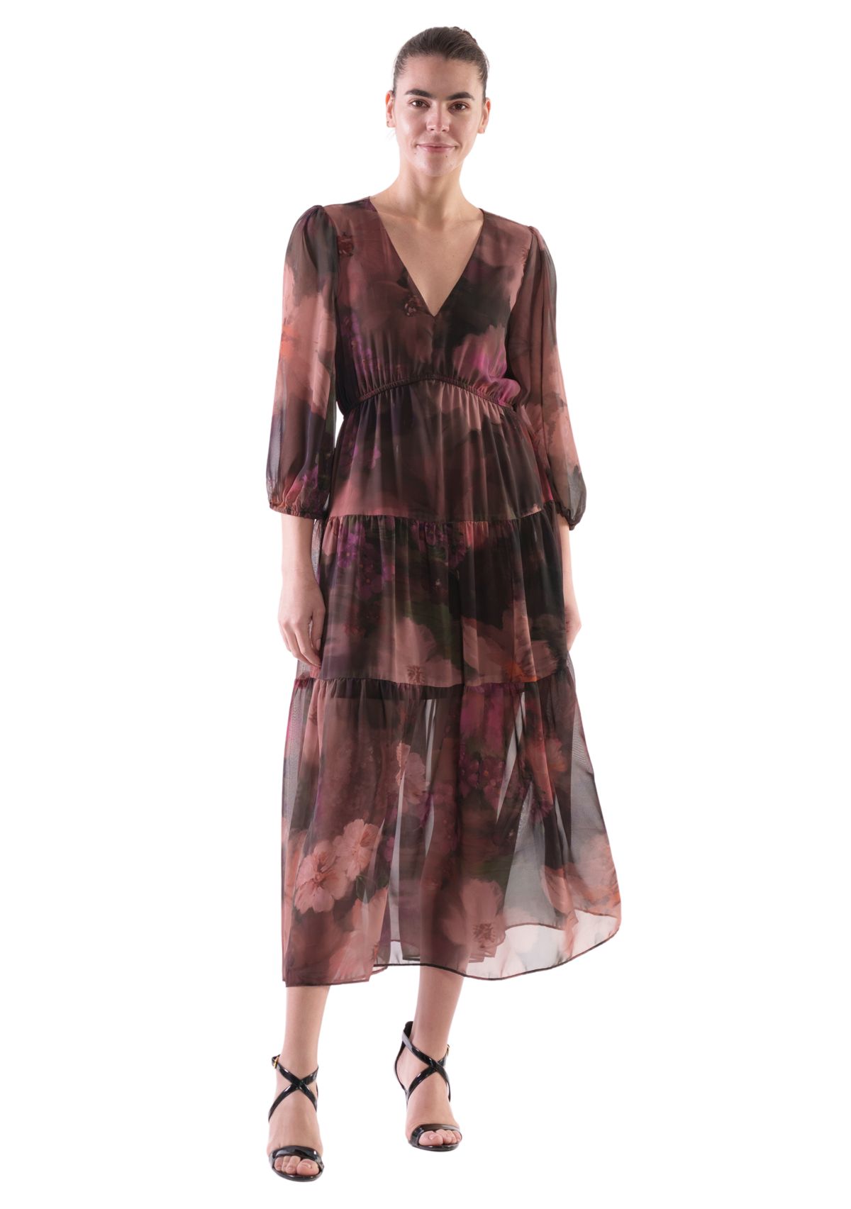 Womens Abstract Floral Printed Tiered Chiffon Fit and Flare Dress