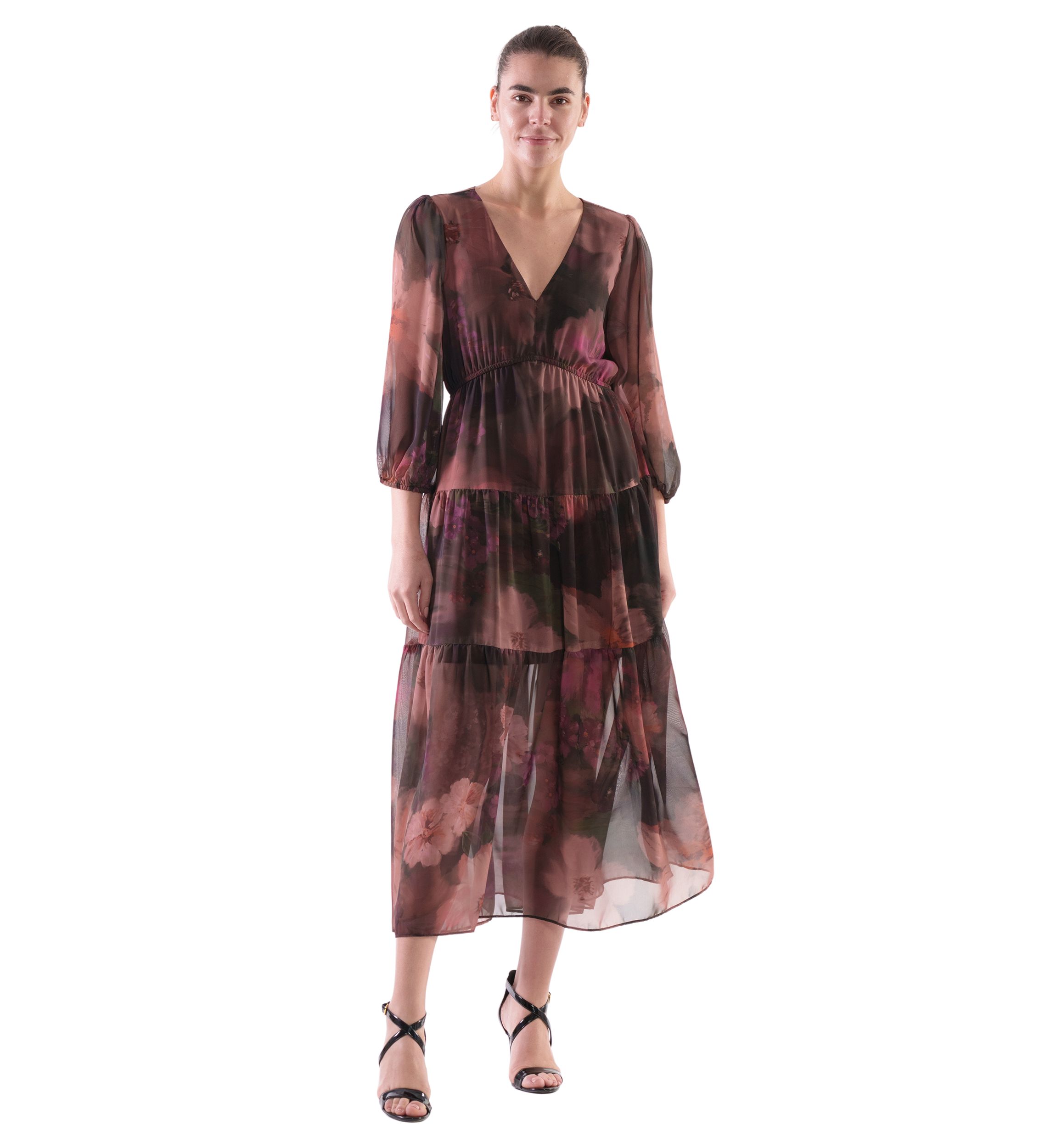 Womens Abstract Floral Printed Tiered Chiffon Fit and Flare Dress