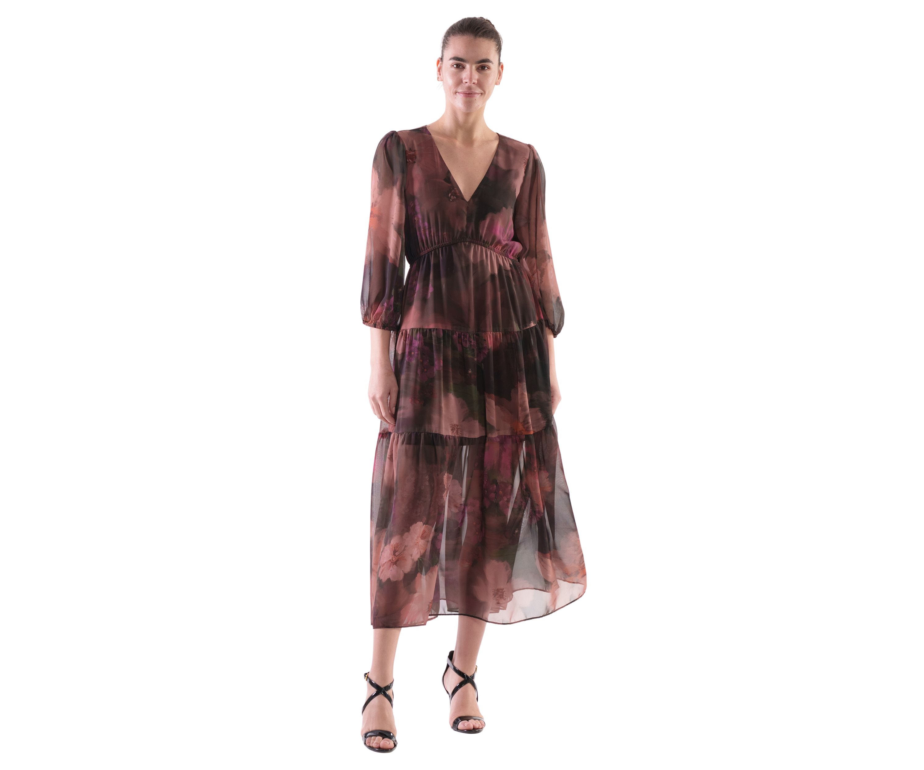 Womens Abstract Floral Printed Tiered Chiffon Fit and Flare Dress