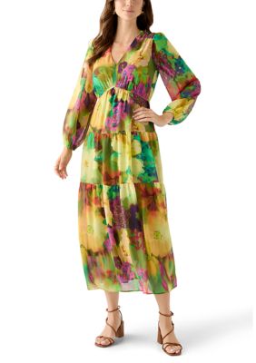 Robbie Bee Women's Abstract Floral Printed Tiered Chiffon Fit and Flare Dress, Purple, 8